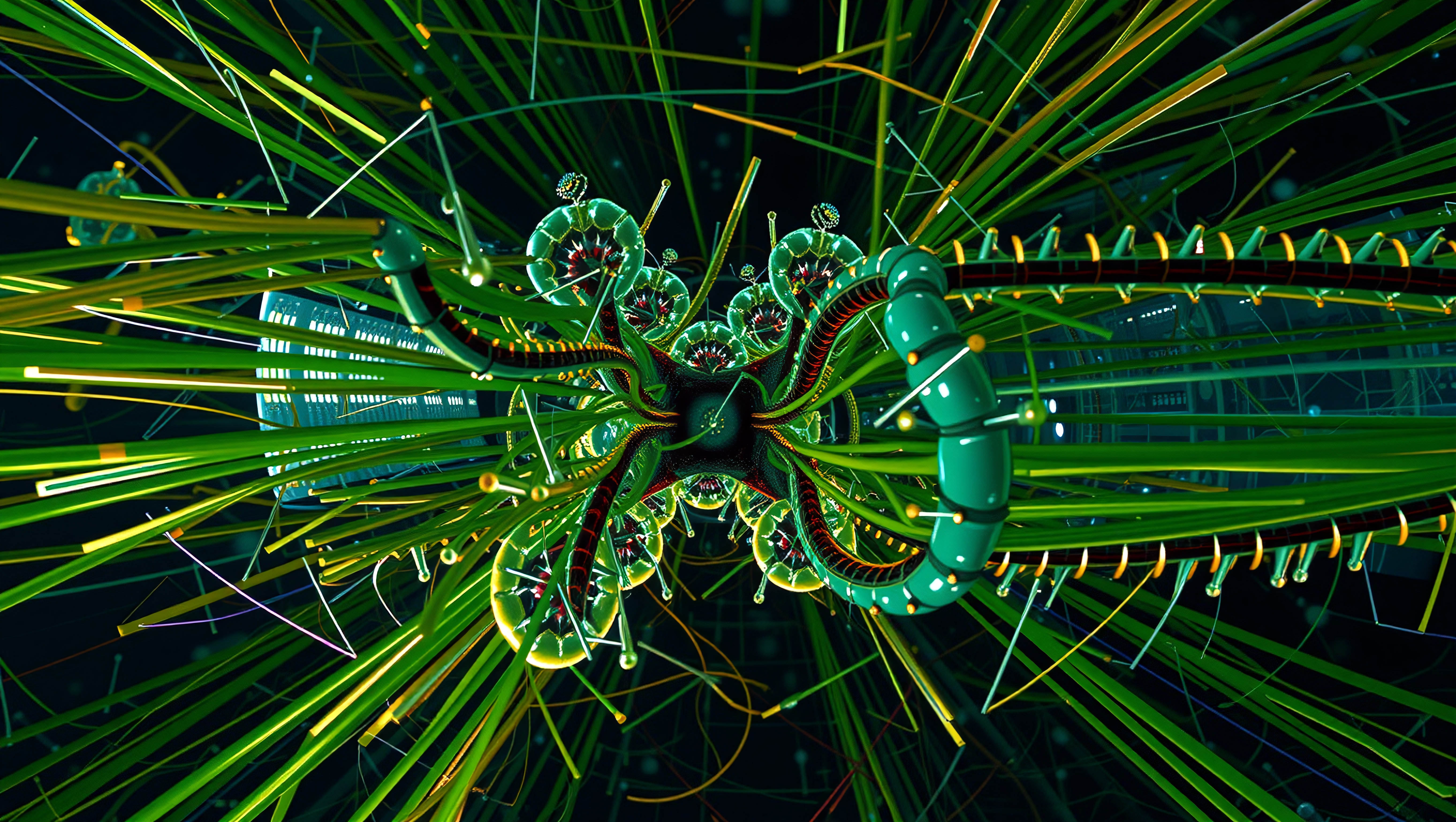 A vibrant digital rendering of a complex, futuristic network of organic and technological elements.