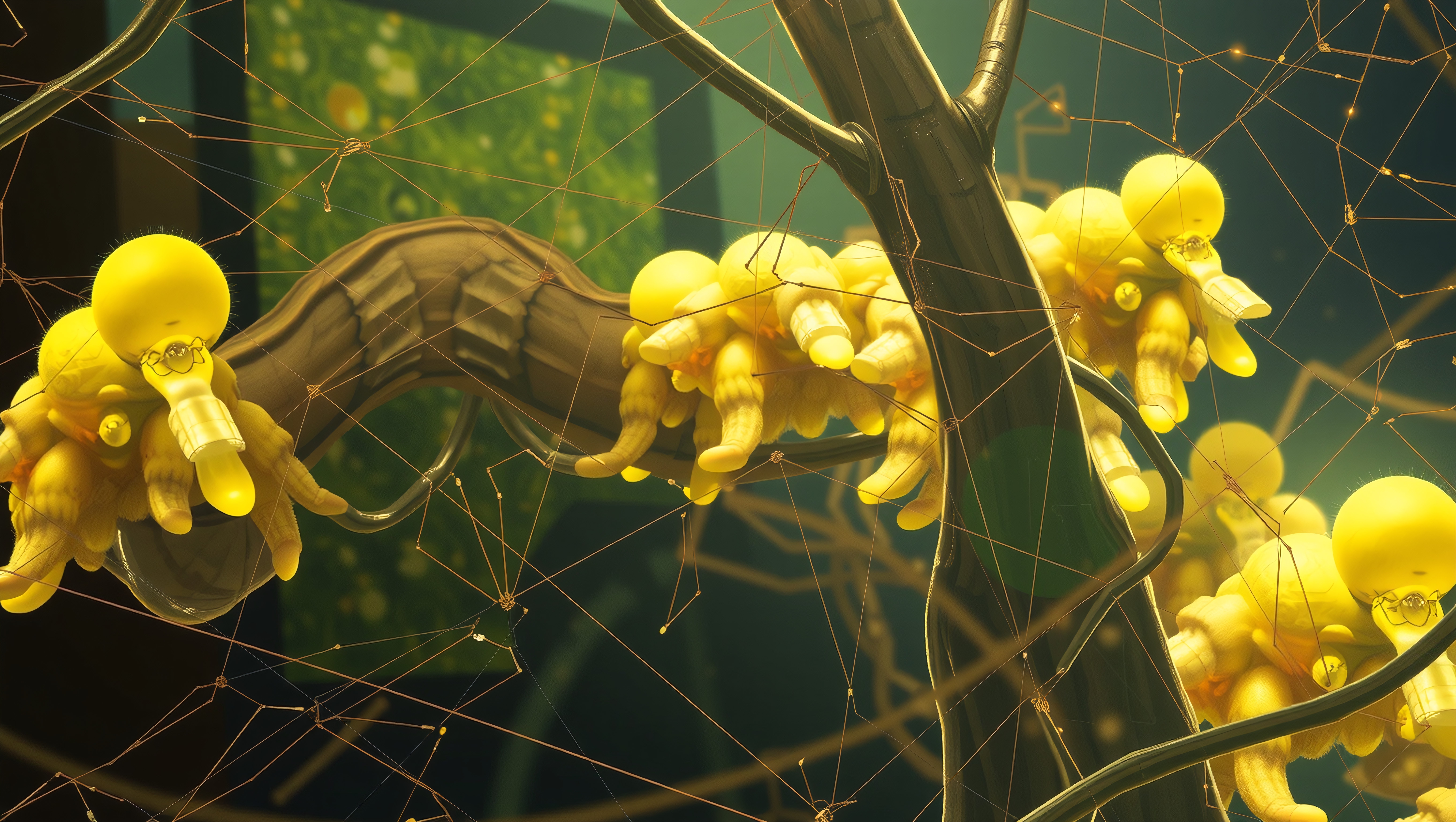 Surreal yellow creatures with light bulb heads intertwine with branches in a futuristic web.