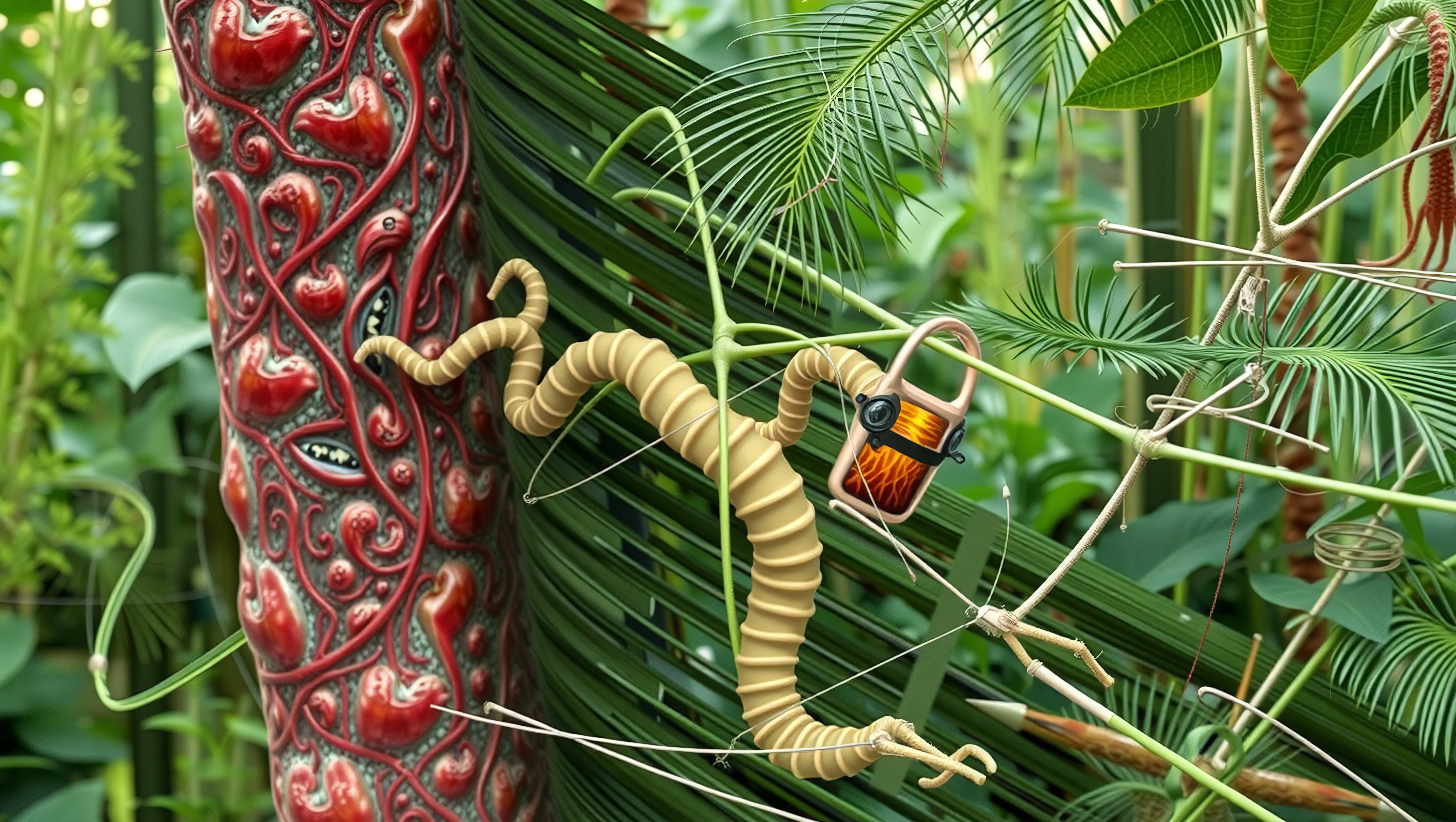 A surreal worm-like creature swings through a jungle.