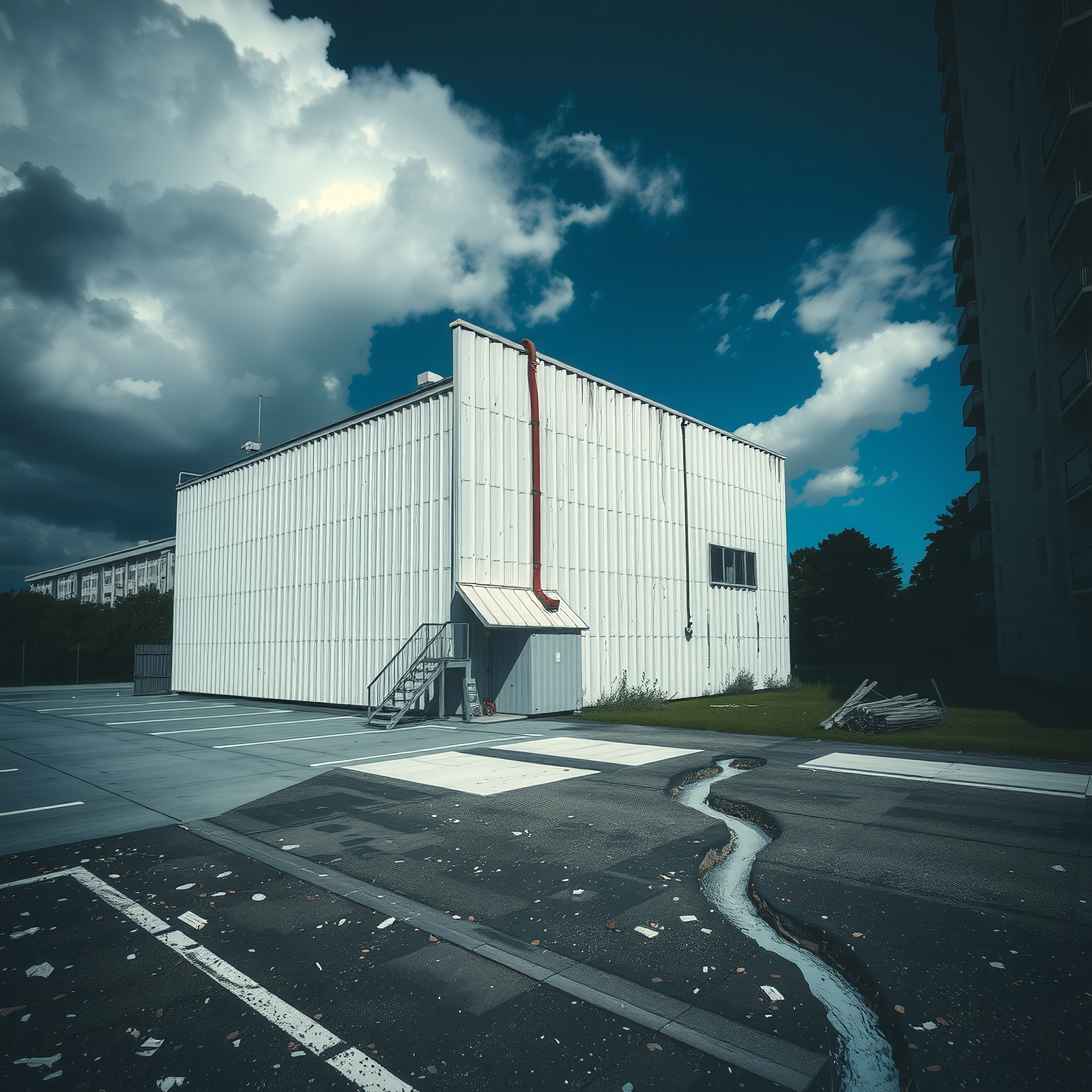 White industrial building with dramatic clouds in the background.