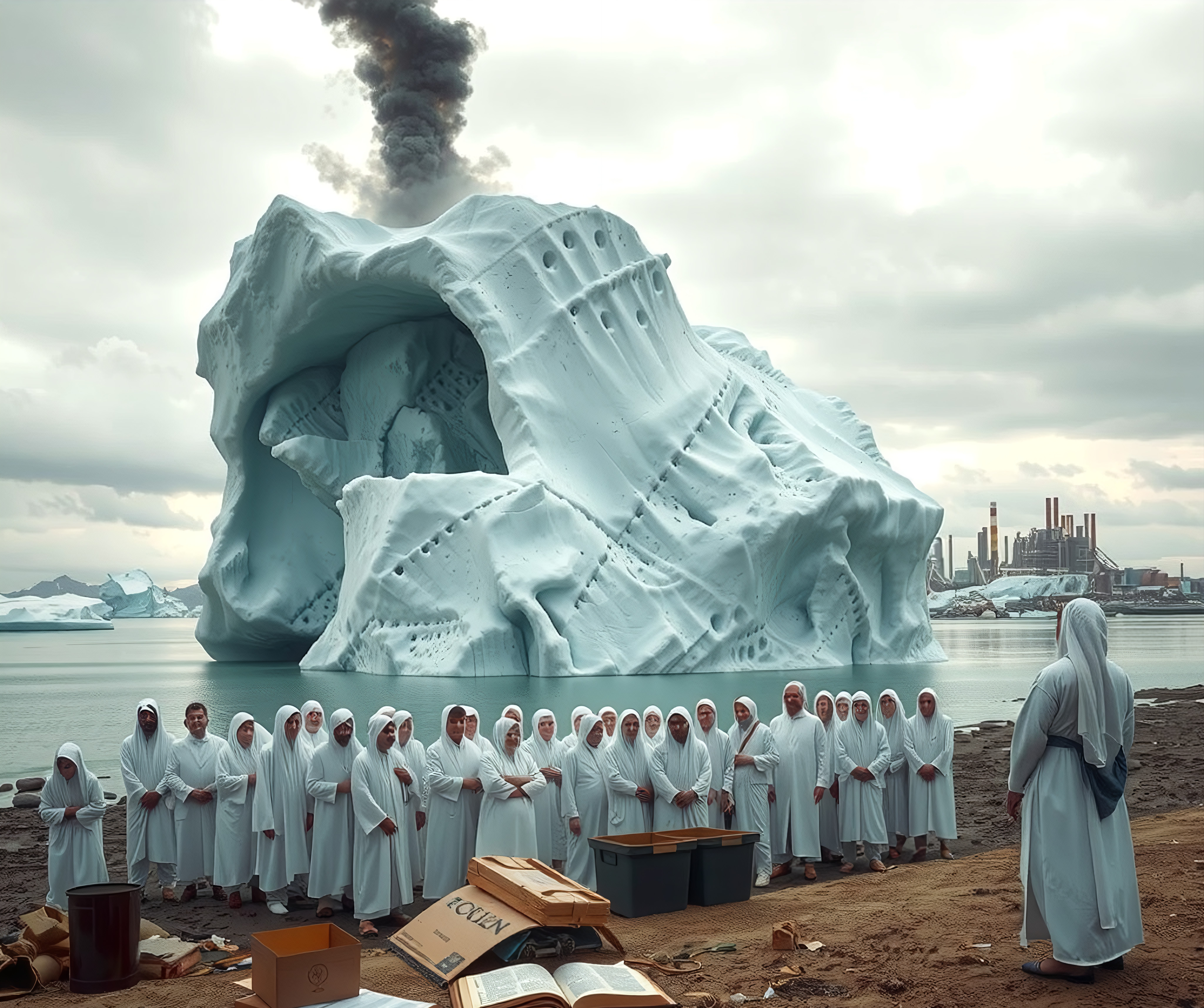 A group in white robes stands by a massive, sculpted iceberg with smoke rising in the background.