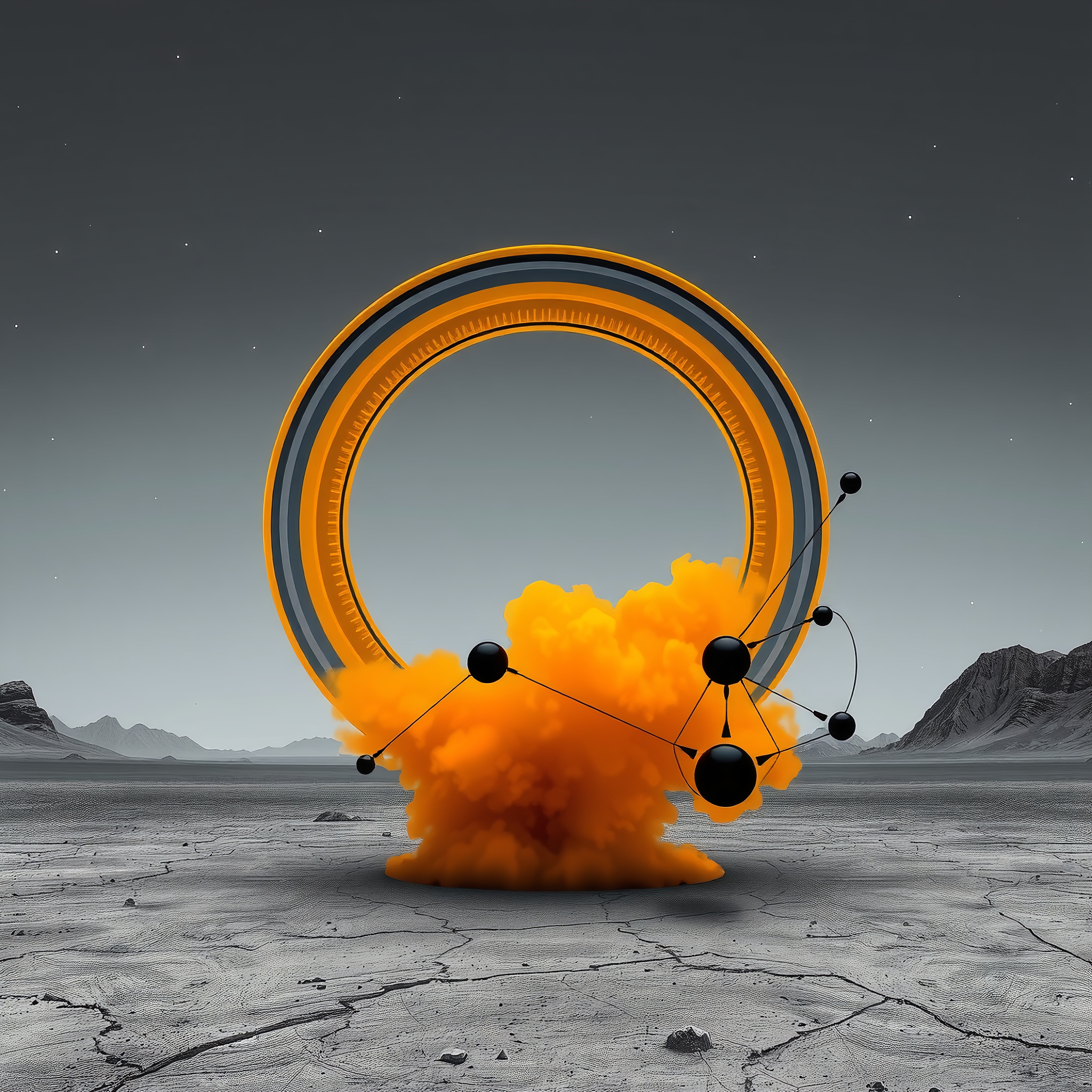 A surreal landscape with a large orange ring, black spheres, and orange smoke against an arid desert background under a starry sky.