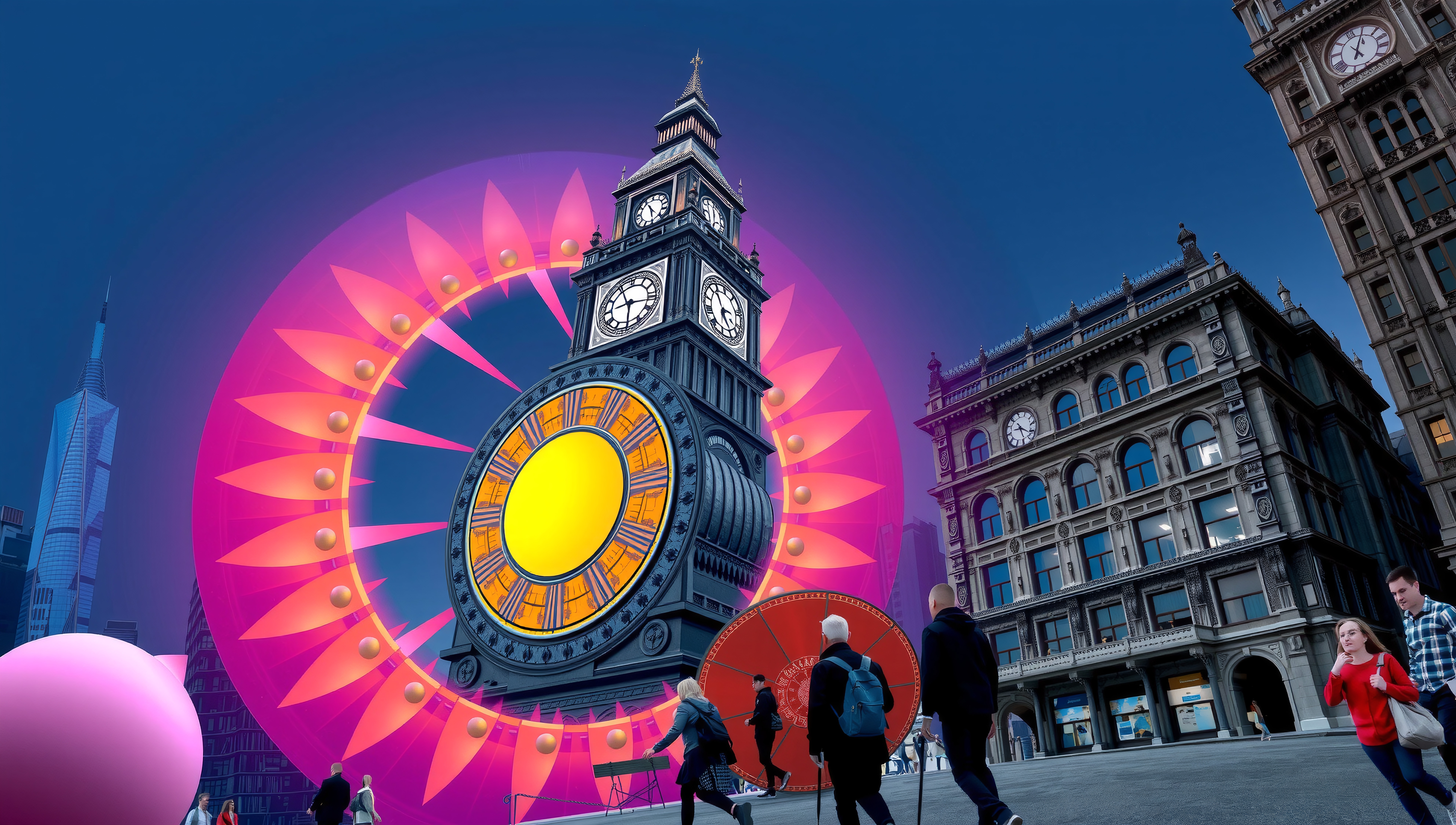 Surreal clock tower with neon artistic elements.