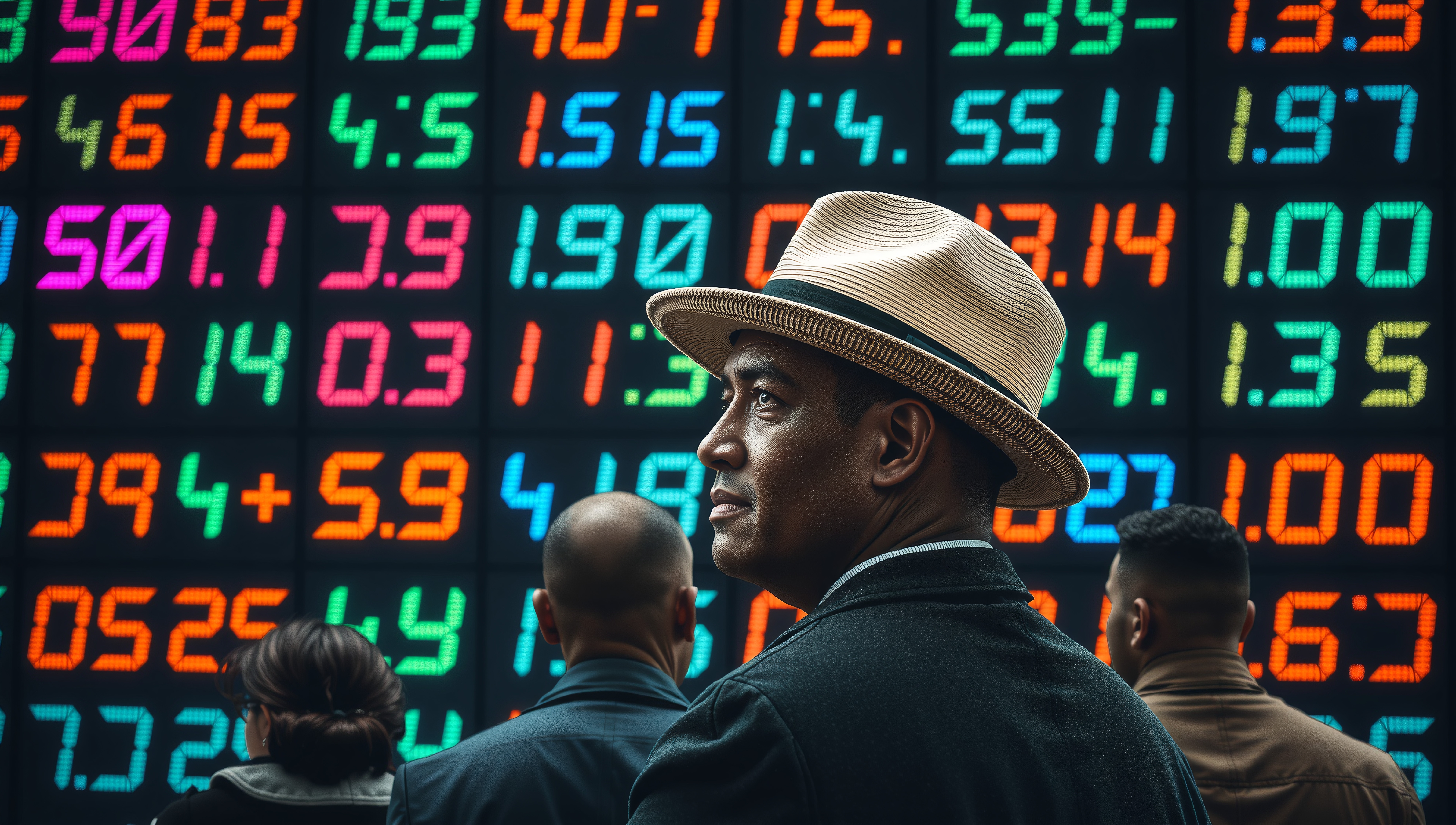 A person observes a digital board with colorful numbers in a stock exchange environment.