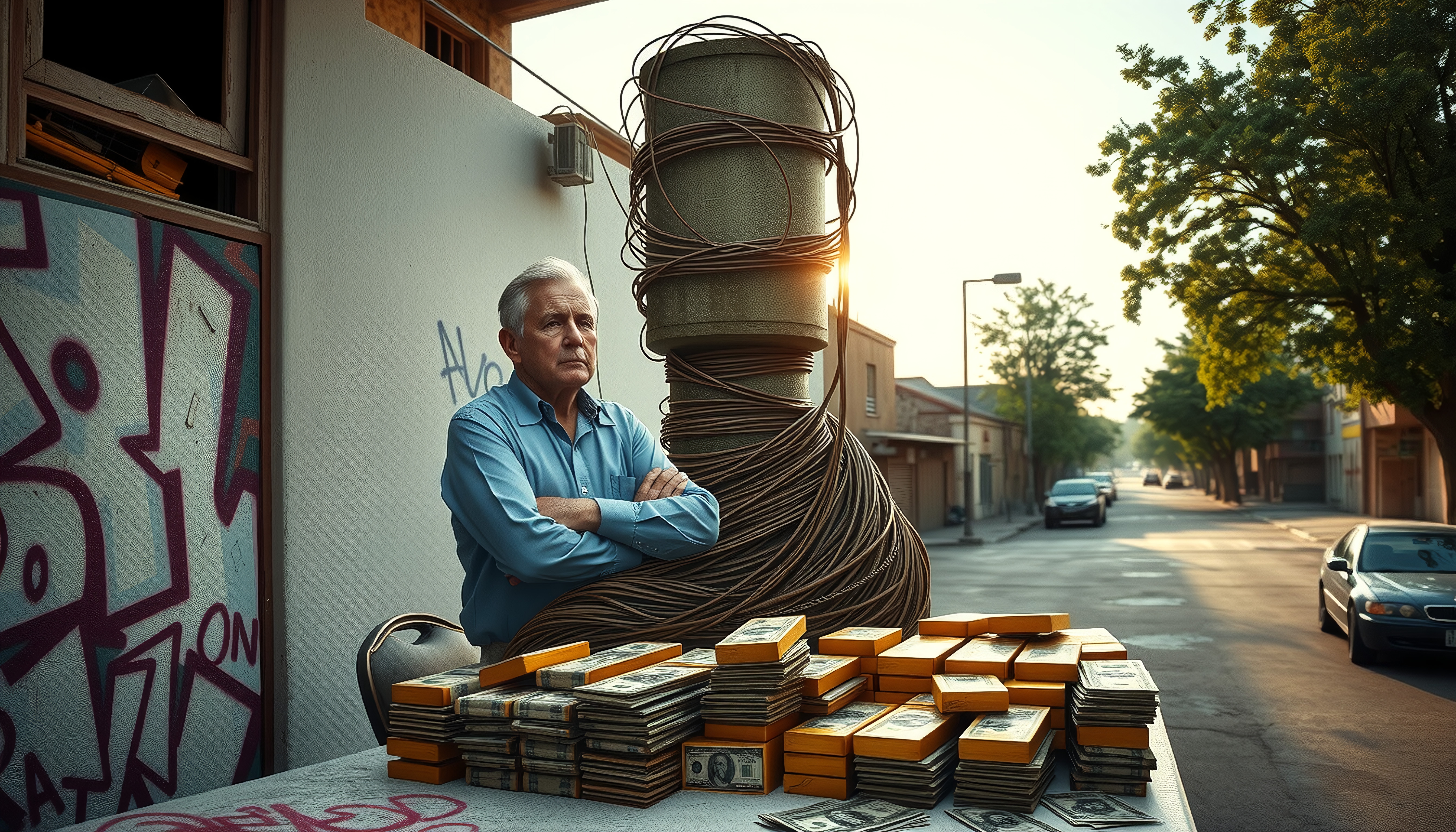 A contemplative man stands beside stacks of money on an urban street at sunset.
