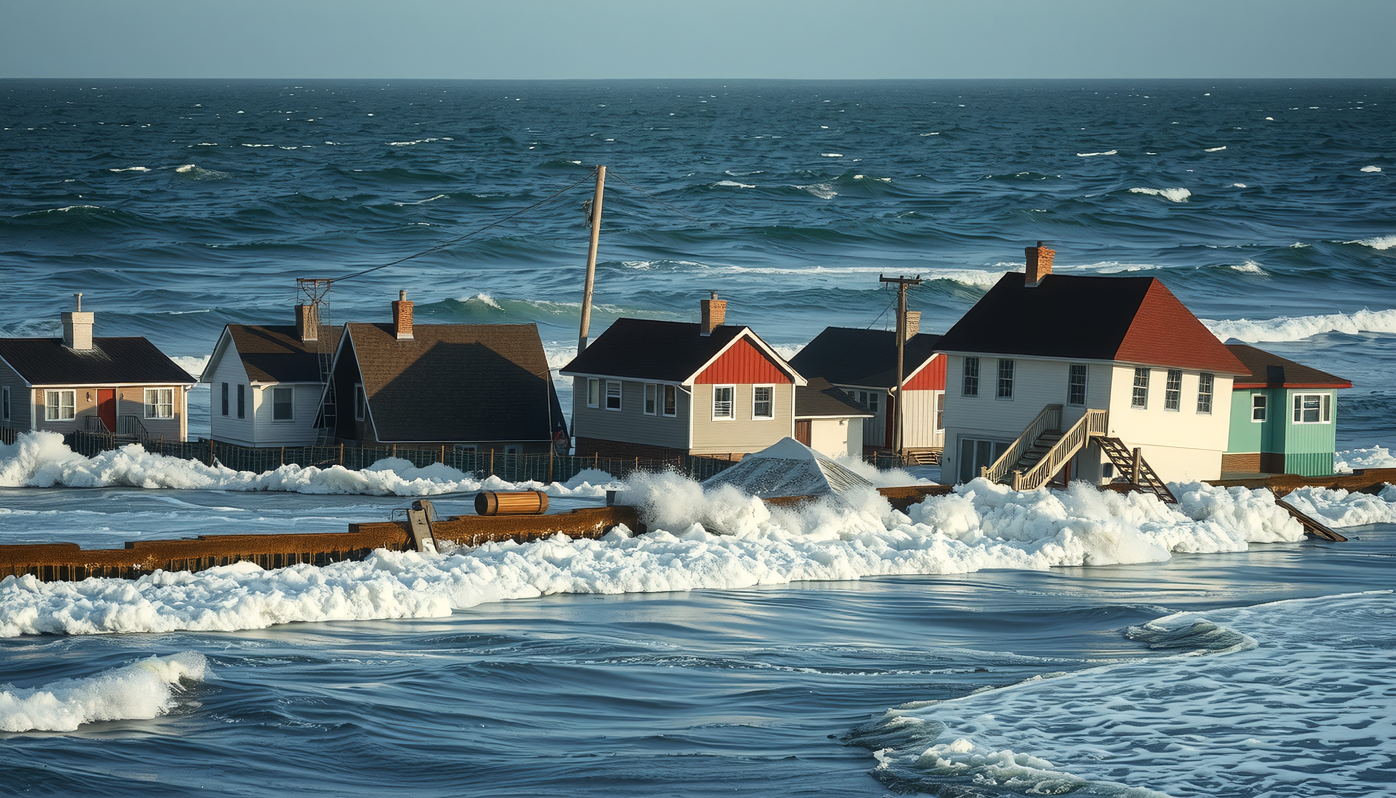 Coastal homes facing ocean waves with seawall and crashing surf.