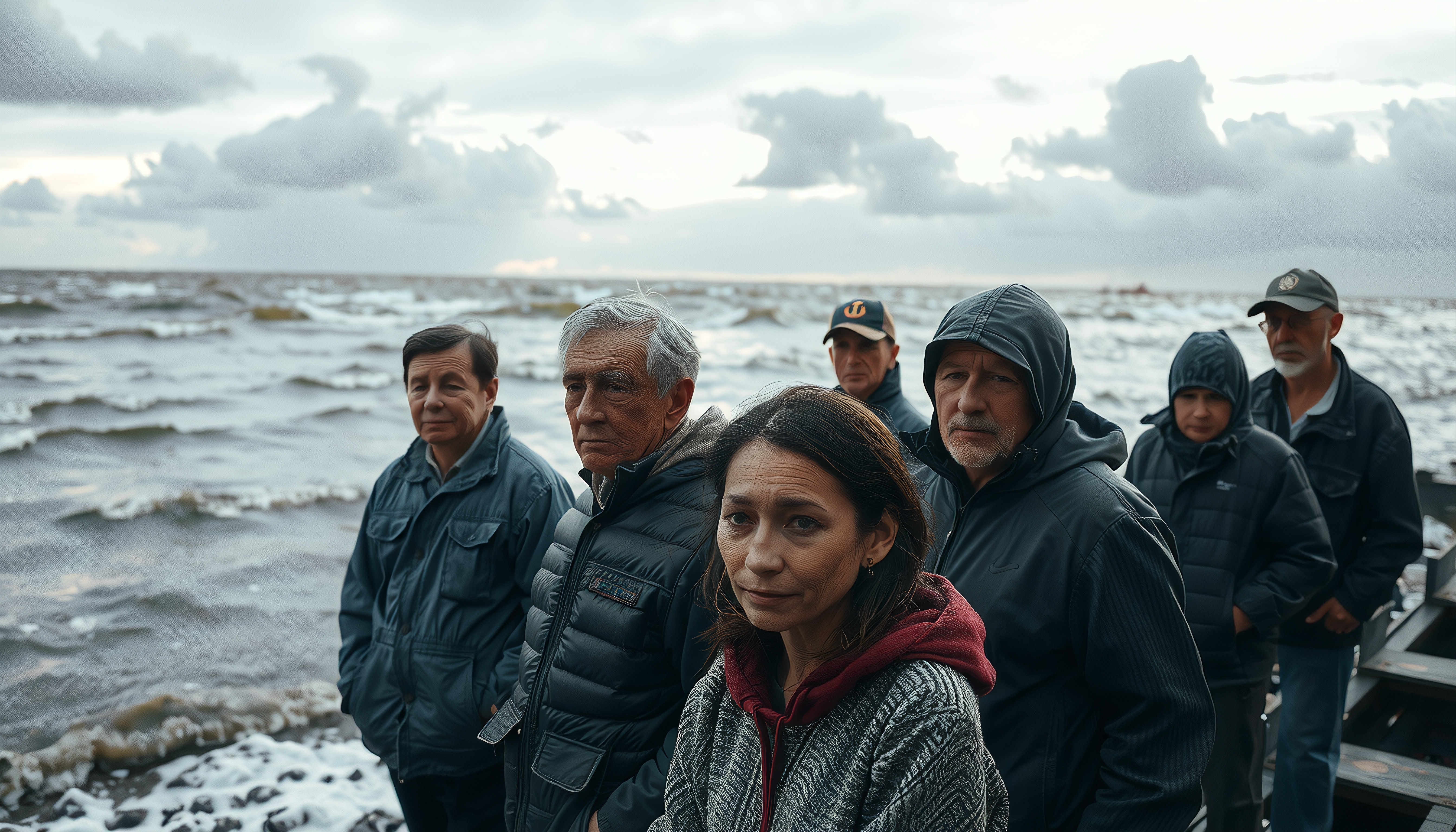 A group of people stand together by a stormy sea, wearing warm clothes under a cloudy sky.