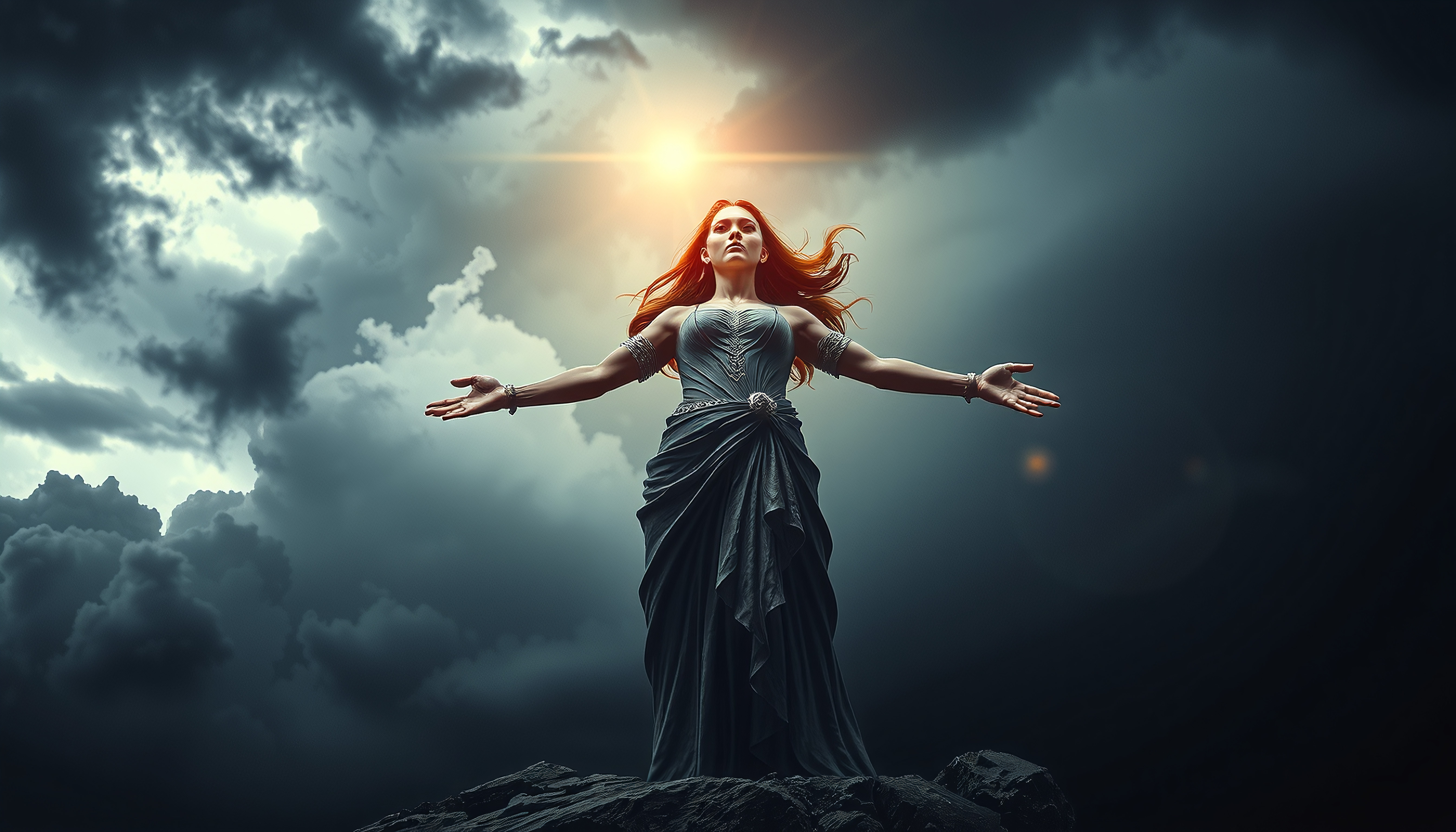 Ethereal Woman Standing on Cliff with Dramatic Sky