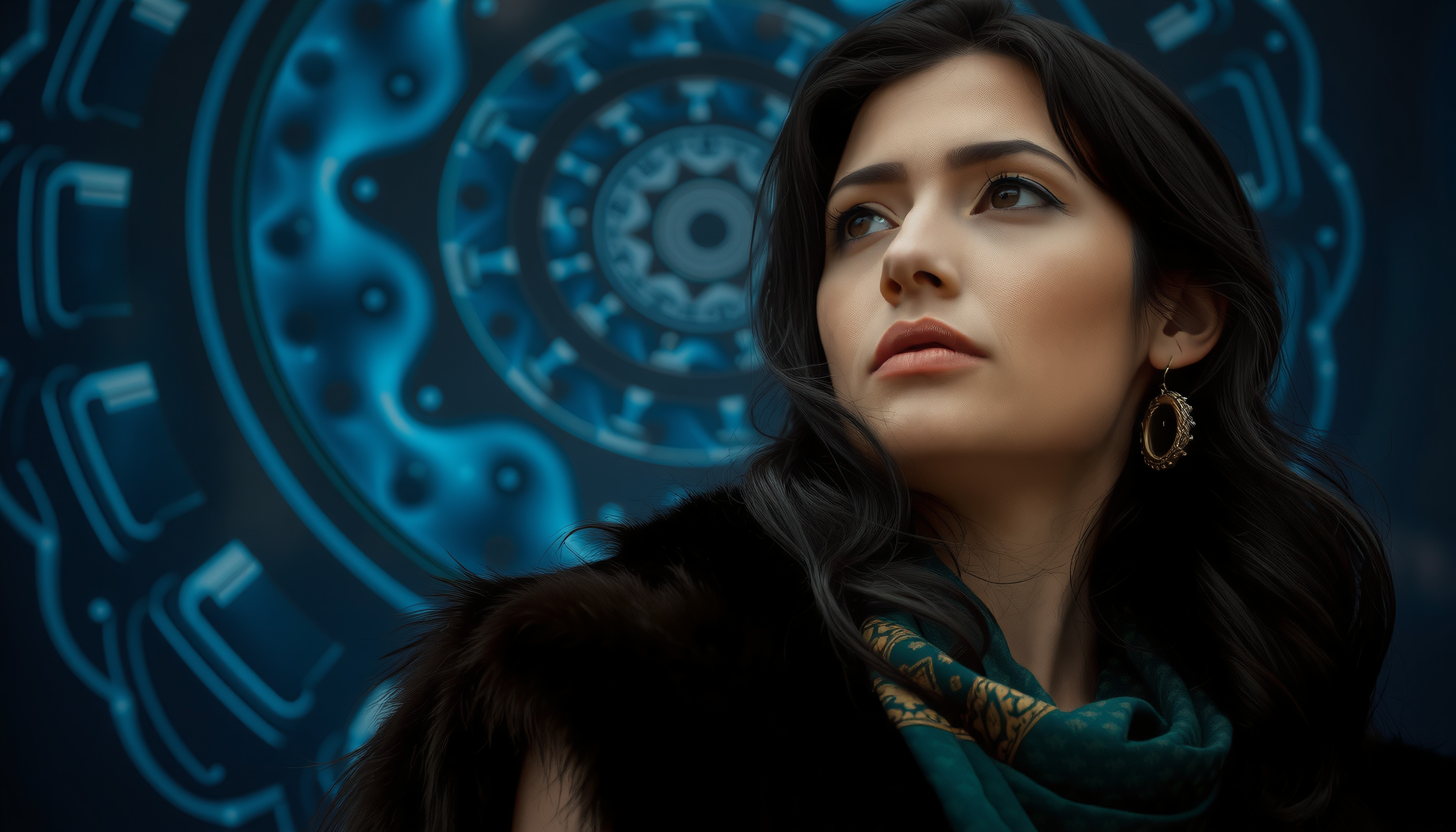 Portrait of a woman with intricate blue background.