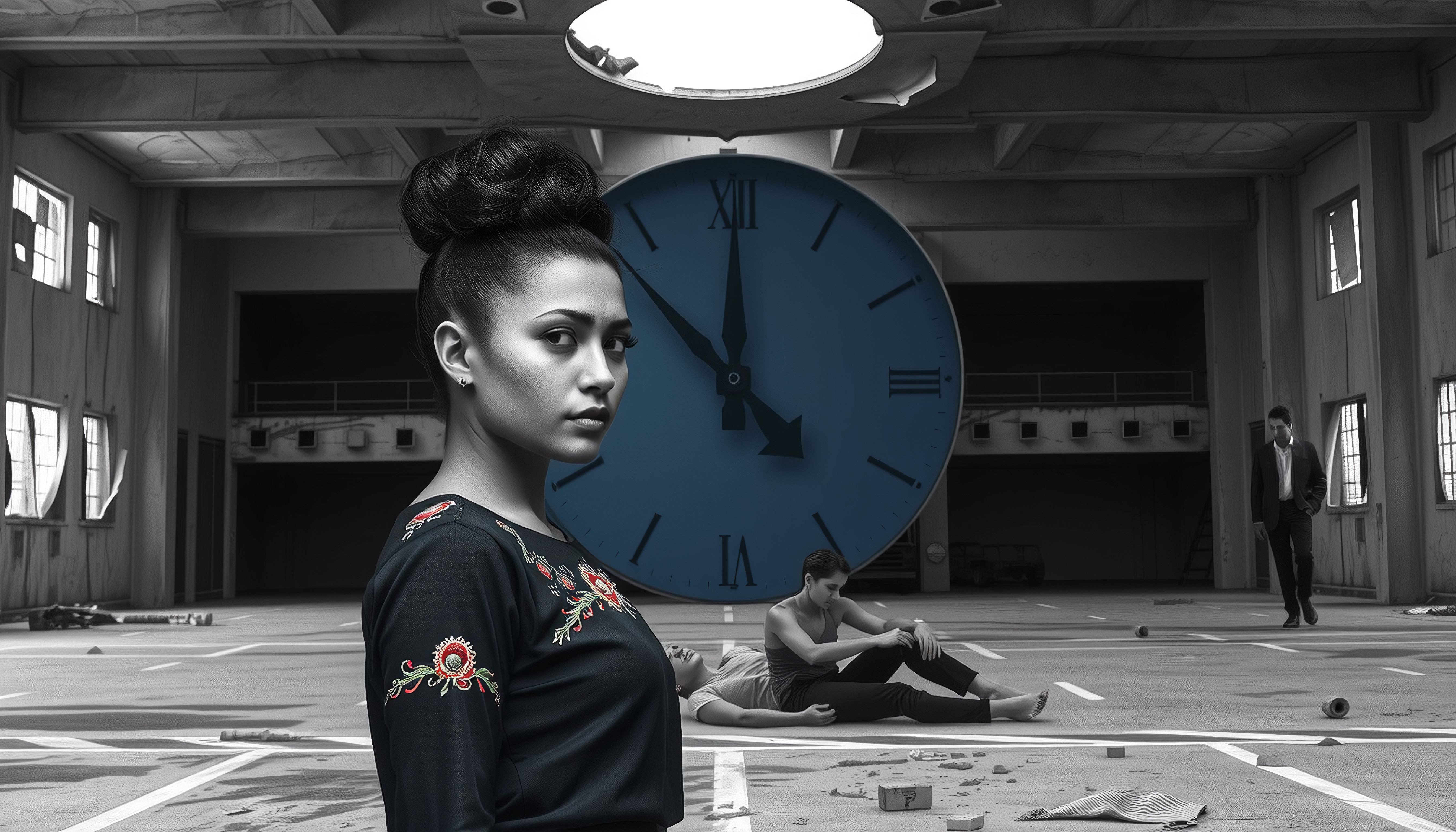 A contemplative woman stands before a giant clock in a mysterious industrial setting.