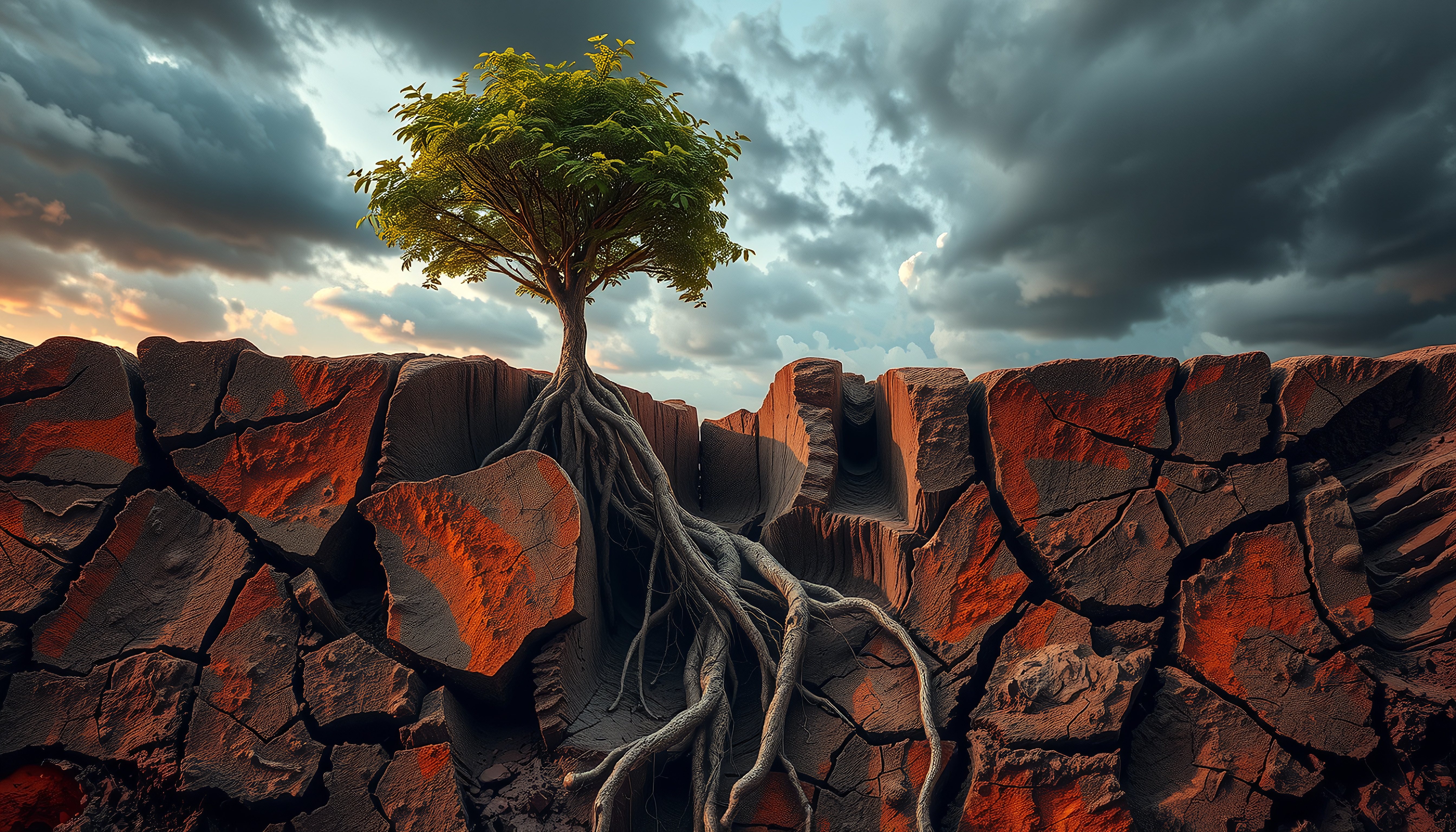 A single tree stands on cracked red earth with roots exposed, under a dramatic sky.