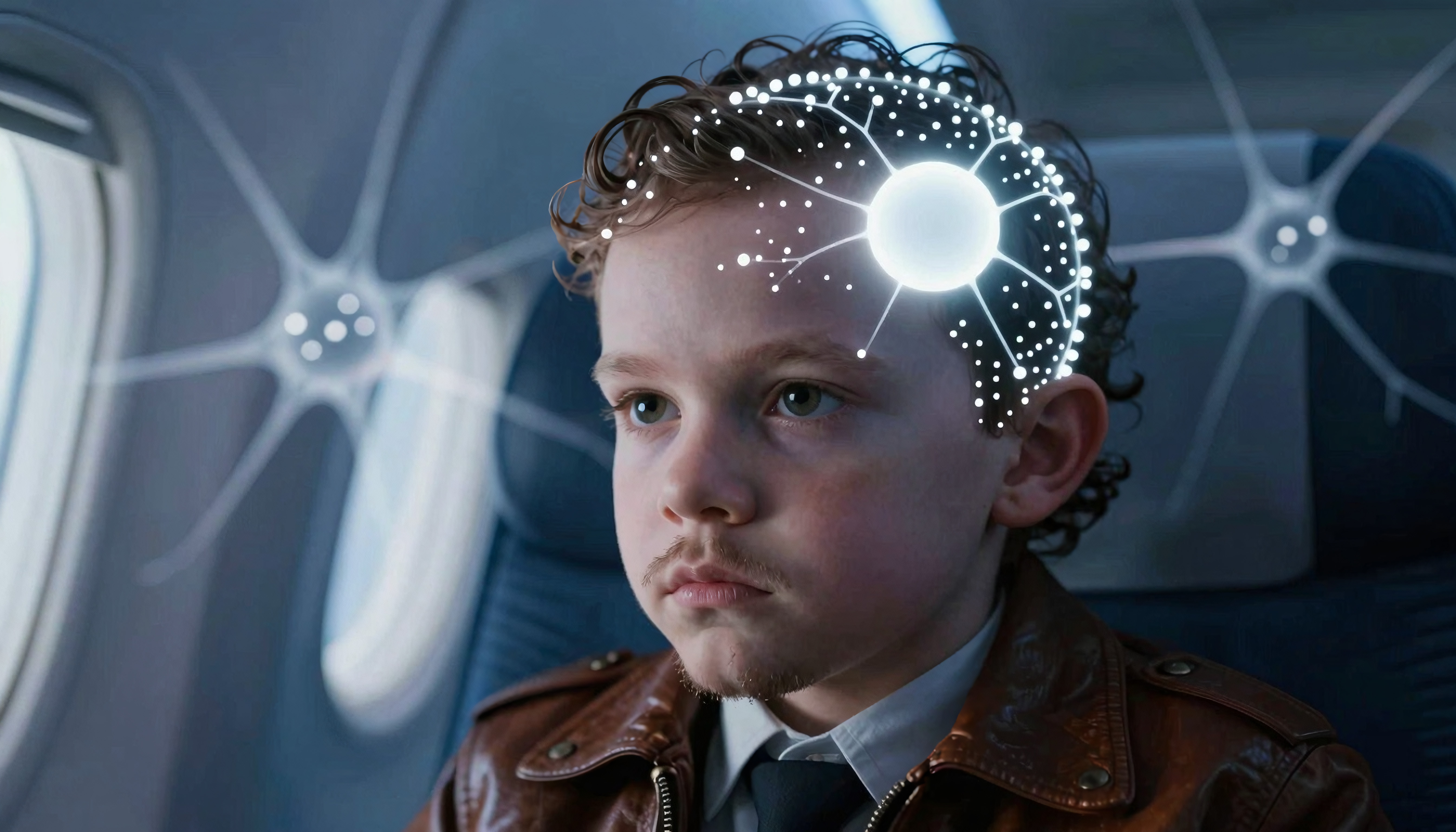 Thought Process Visualization: Young Boy Looking Out Airplane Wi