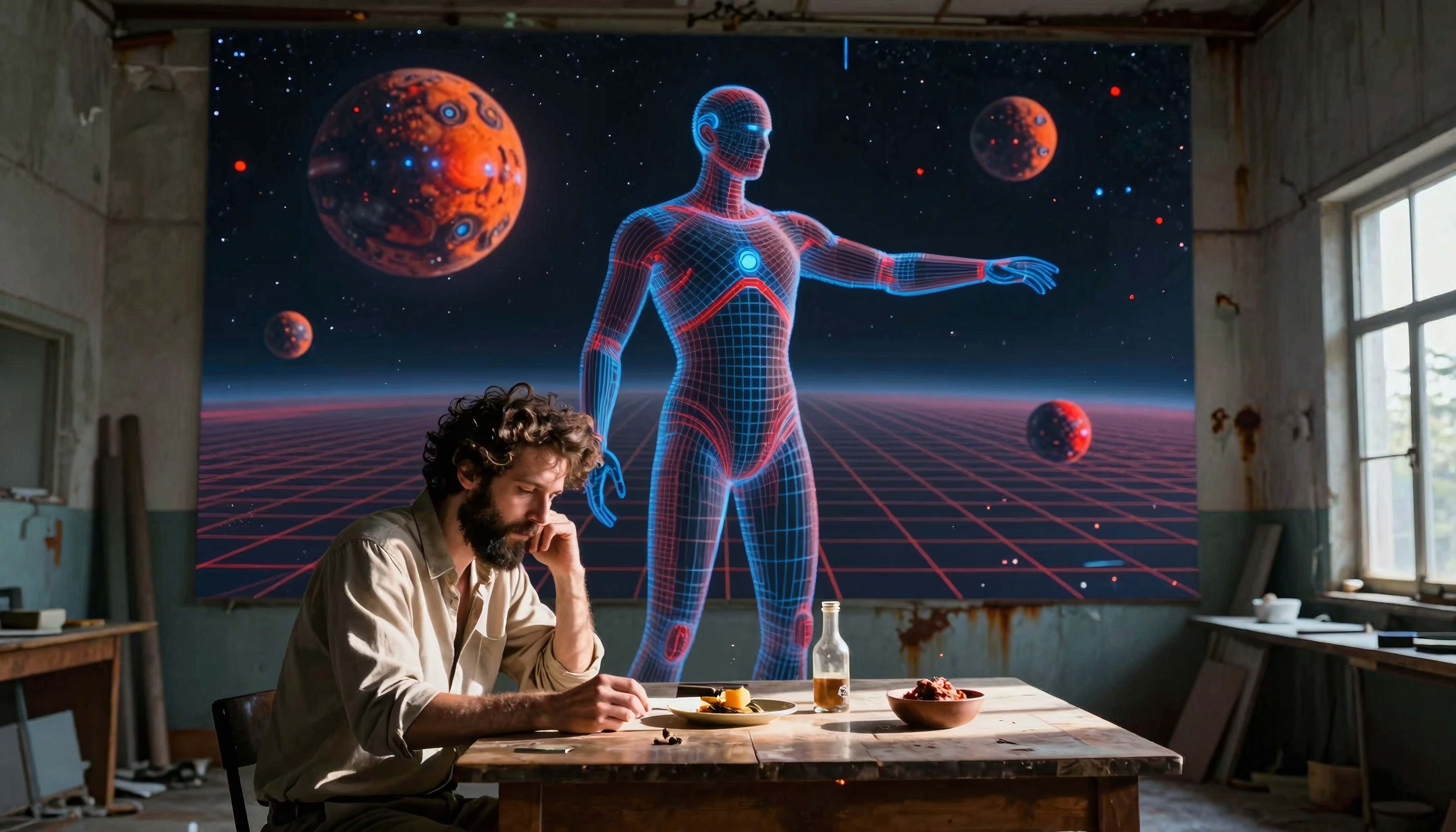 A pensive man writes in a rustic room, juxtaposed with digital cosmic art.