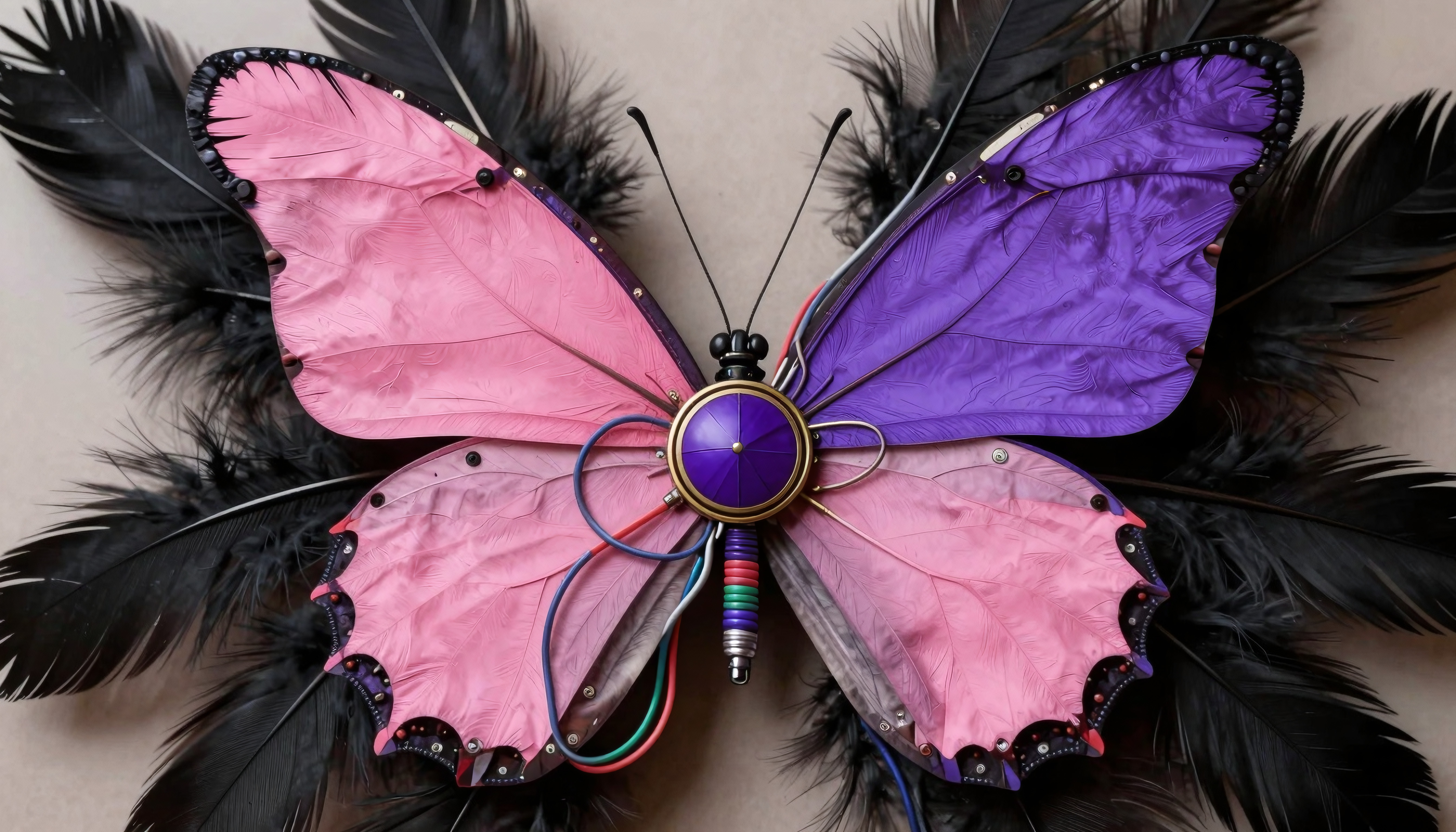 Artistic Insect Sculpture Featuring Pink and Purple Wings on Bla