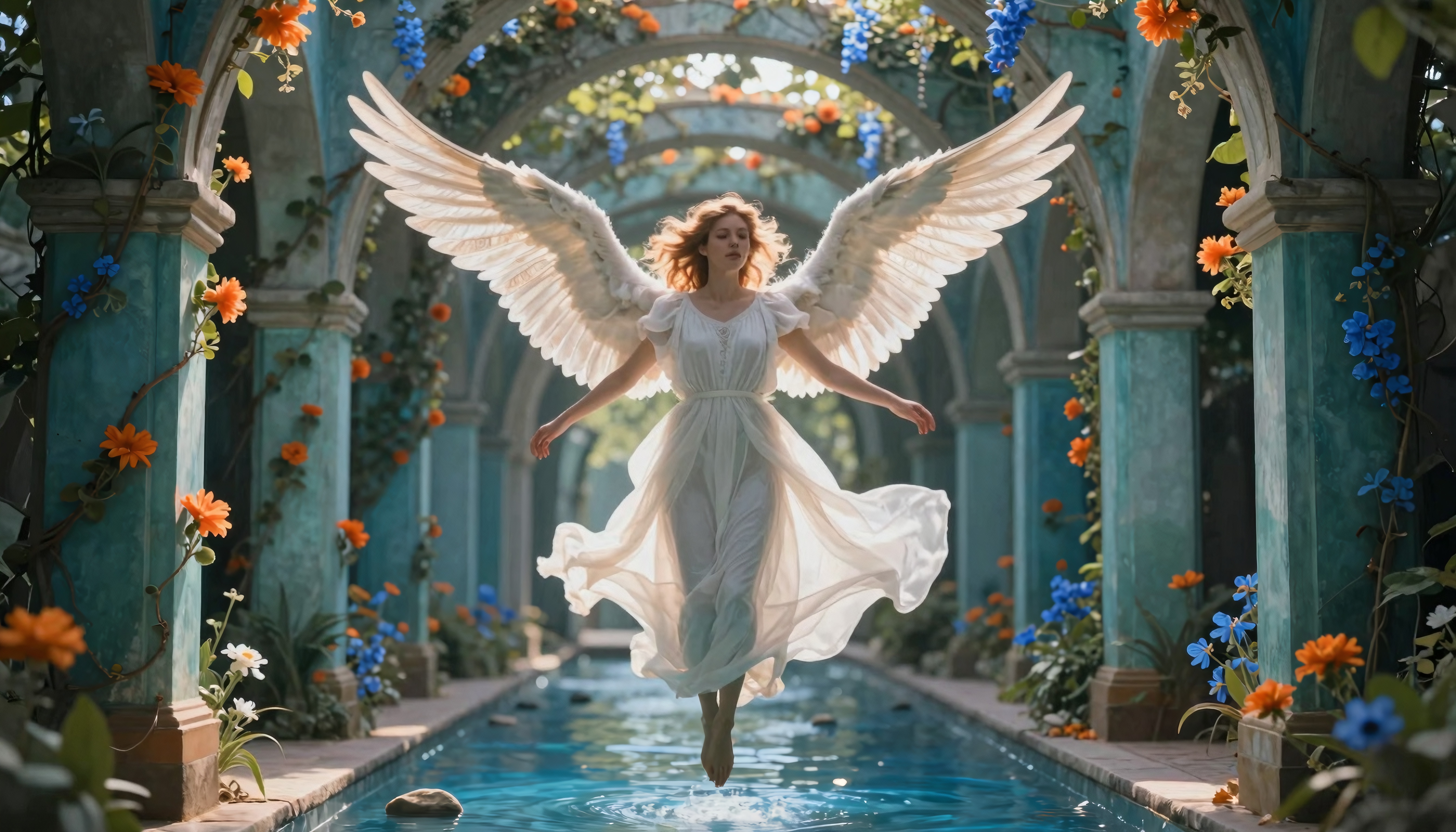 A celestial figure glides through a flower-adorned, arched corridor, evoking a magical and ethereal vibe.