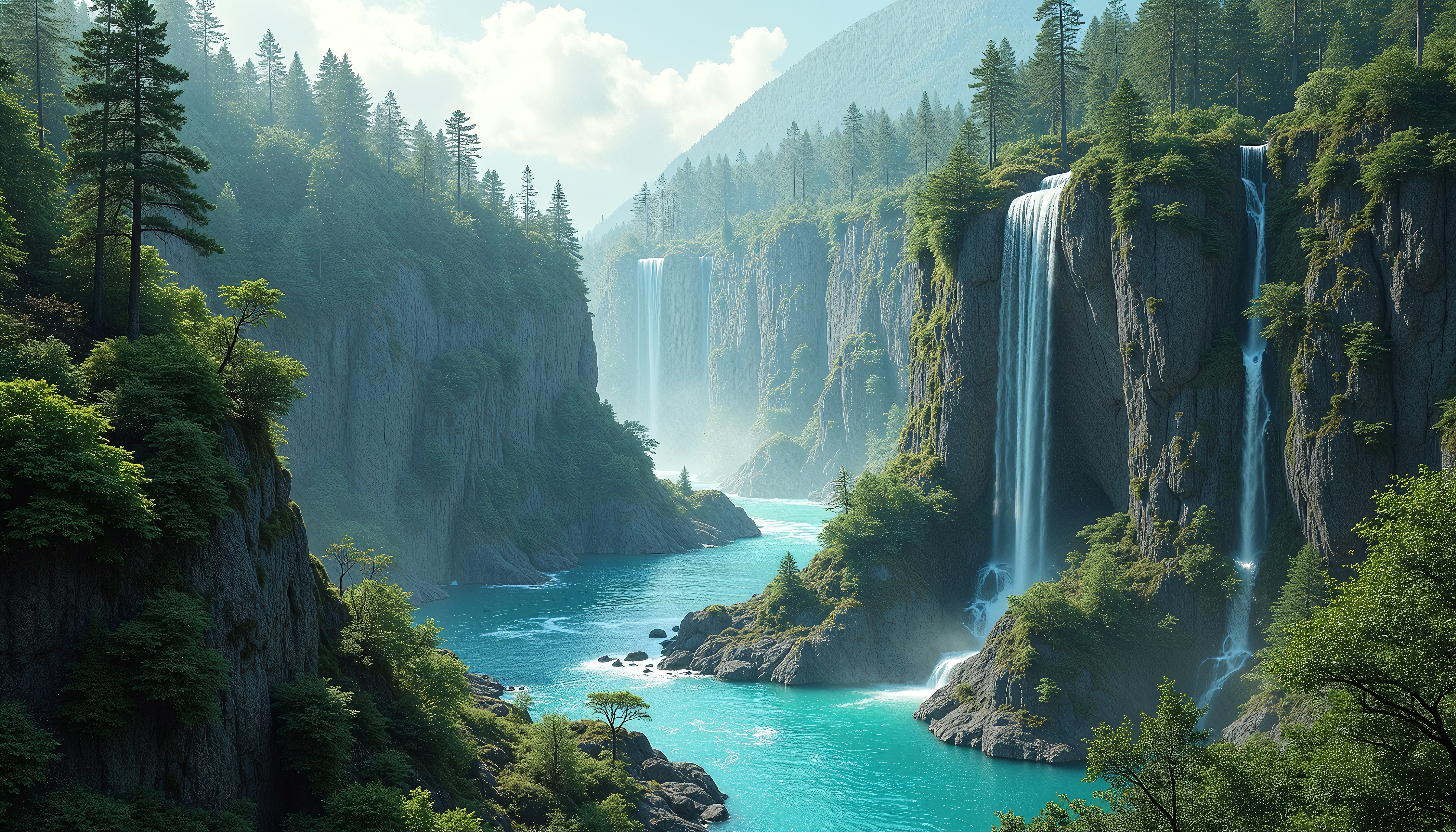 Stunning waterfall canyon with lush greenery and turquoise river.