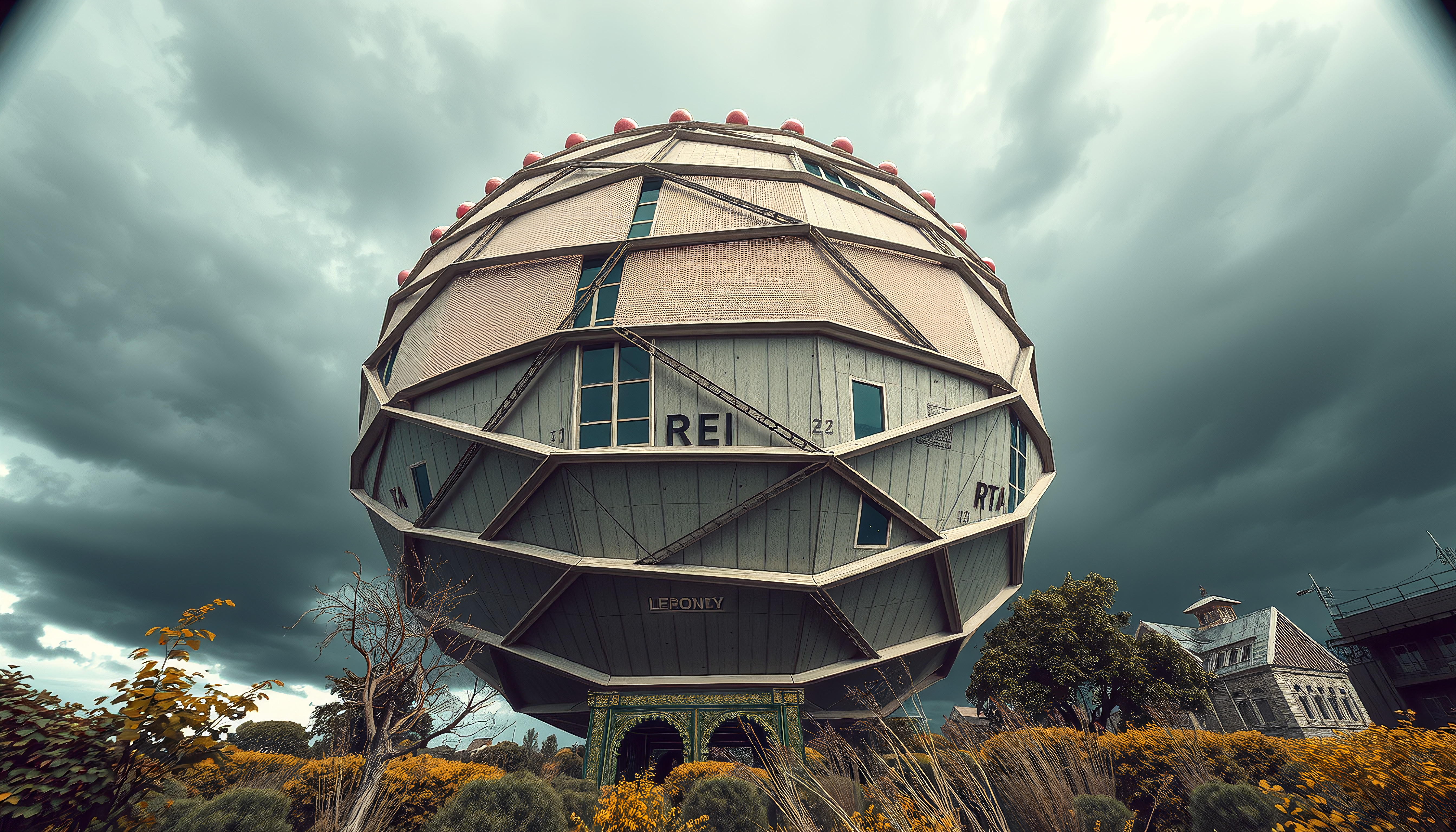 A unique geodesic dome structure under dramatic clouds.
