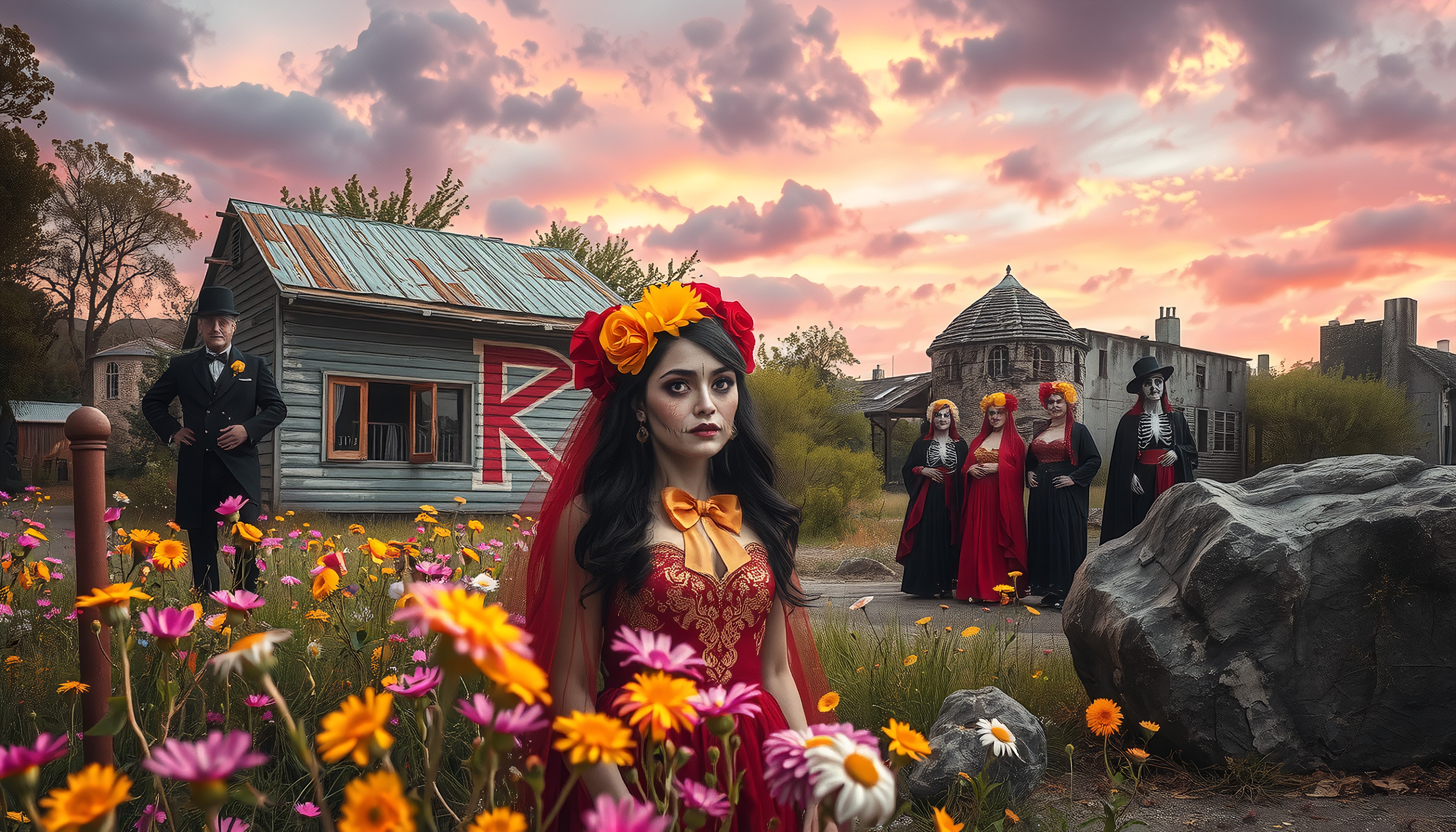 A woman in Día de los Muertos attire stands in a field of flowers at sunset.