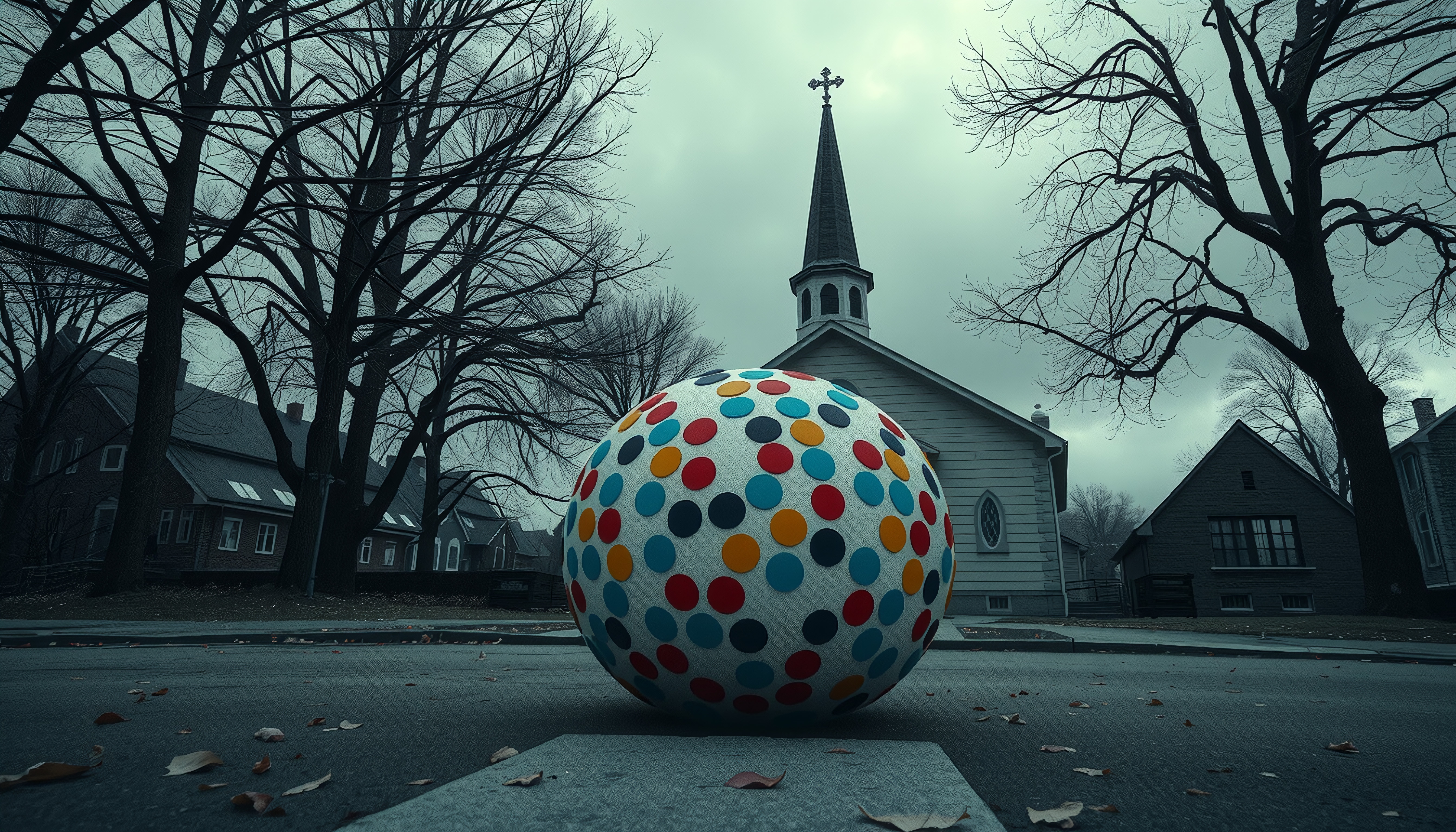 A large, polka-dotted sphere sits in a quiet street with a church in the background under an overcast sky.