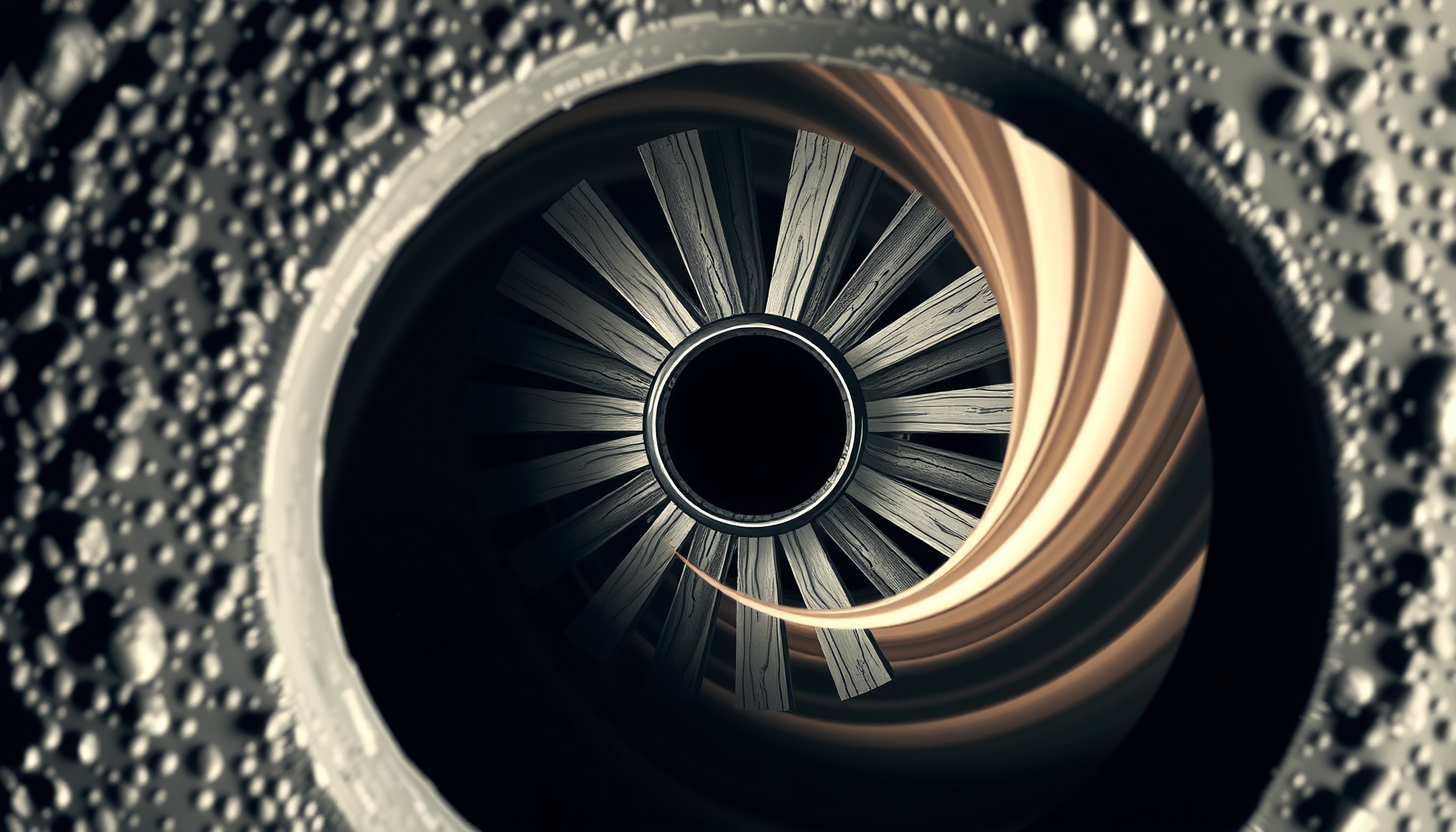 Abstract view of a metallic turbine, showcasing structural design and texture in a close-up perspective.