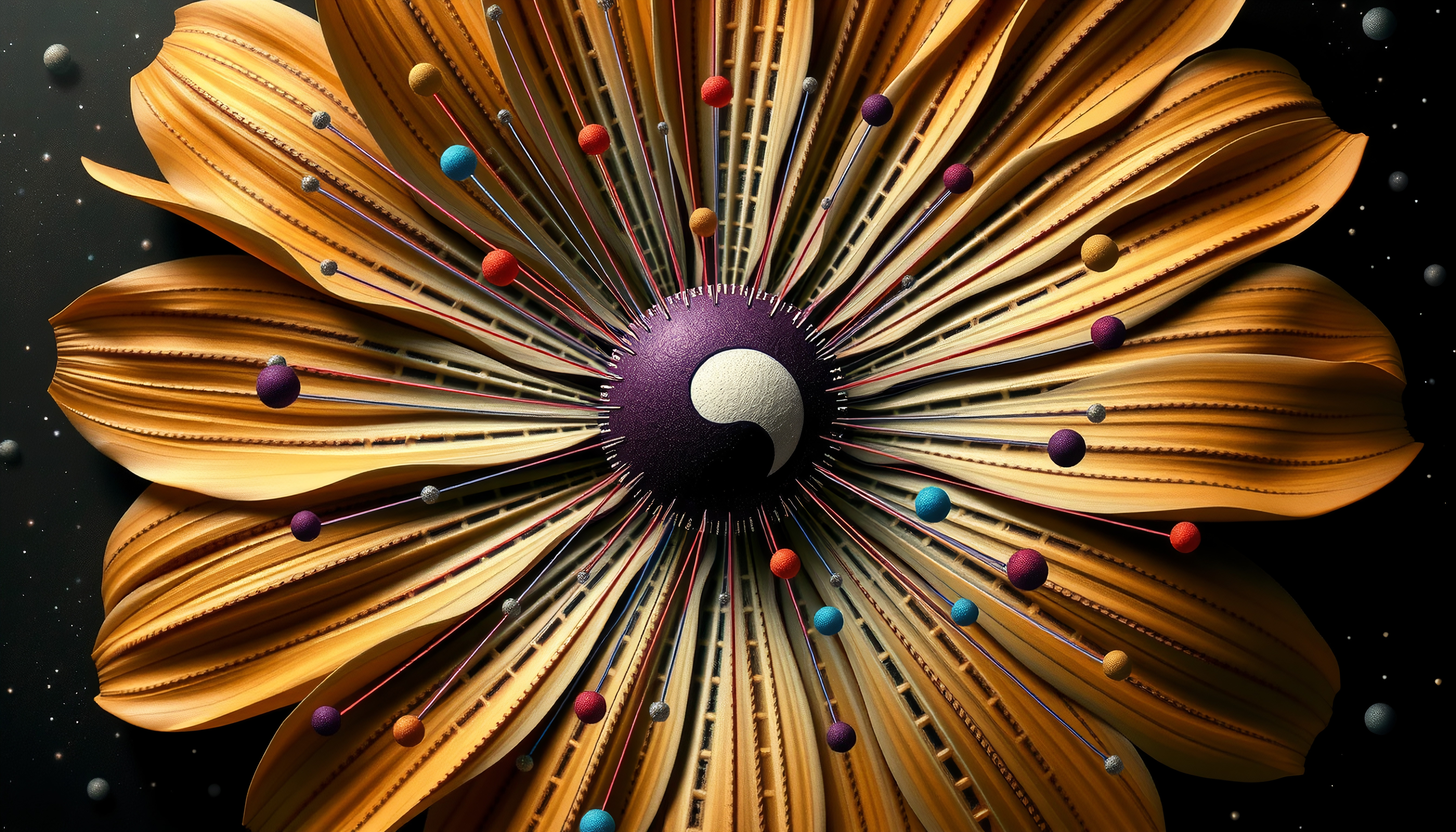 Abstract flower with gold petals, purple center sphere, cosmic design elements.