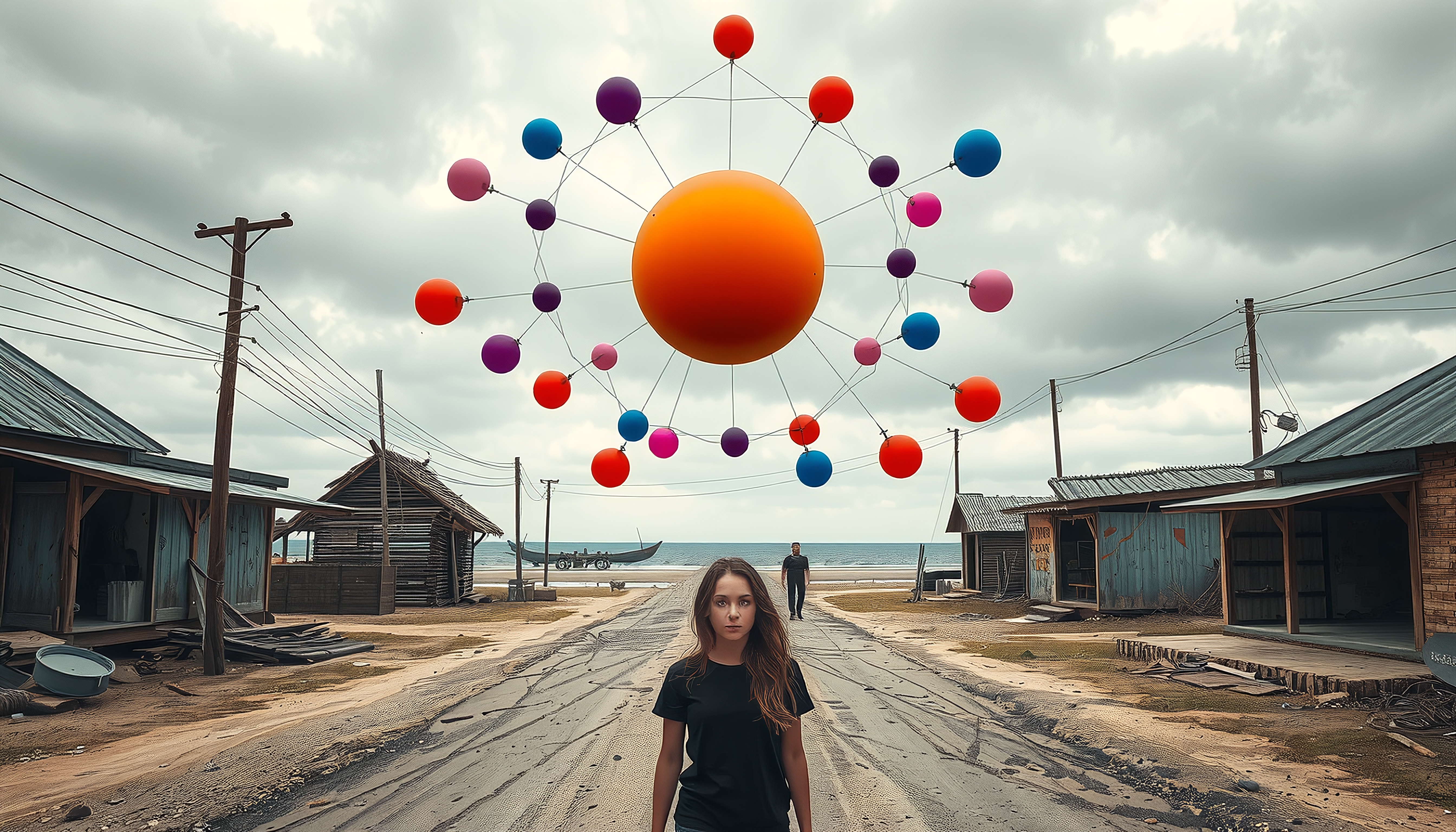 A young girl stands beneath a floating structure of colorful spheres on a cloudy rural road, merging surreal with rustic.