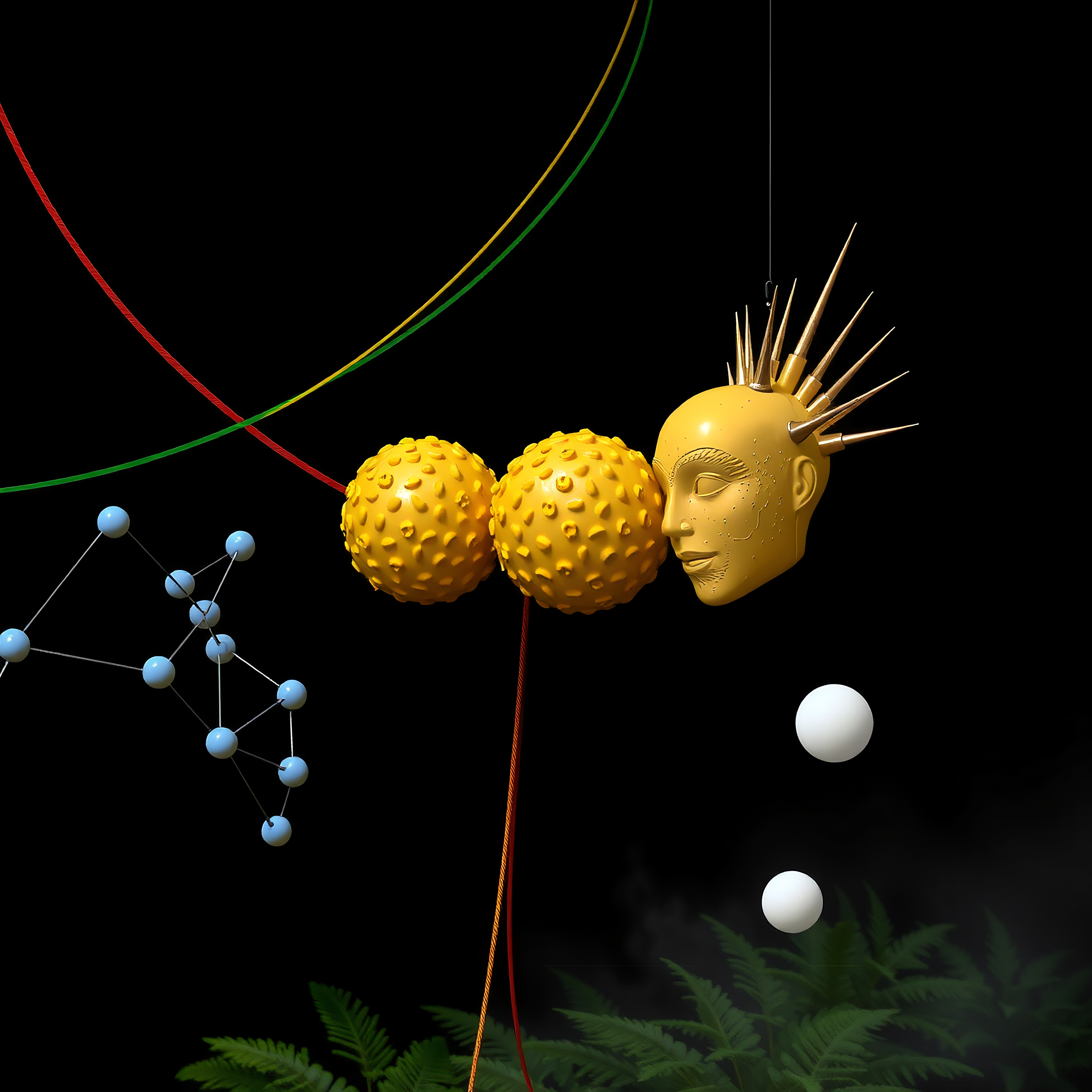 Surreal Abstract Art: Yellow Mask, Geometric Spheres & Molecular