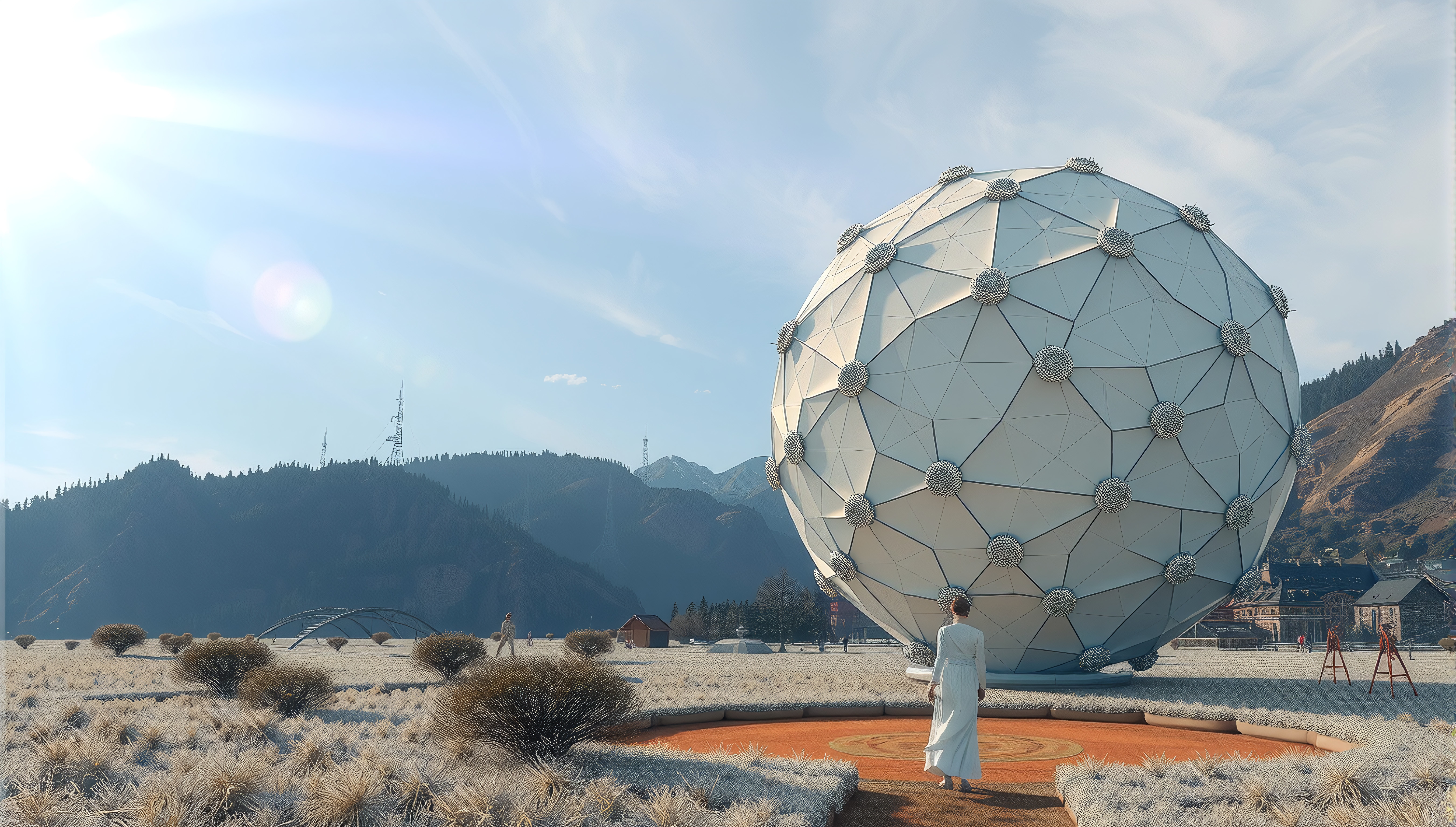 A woman stands before a futuristic geodesic sphere set against a mountainous landscape under a bright, clear sky.