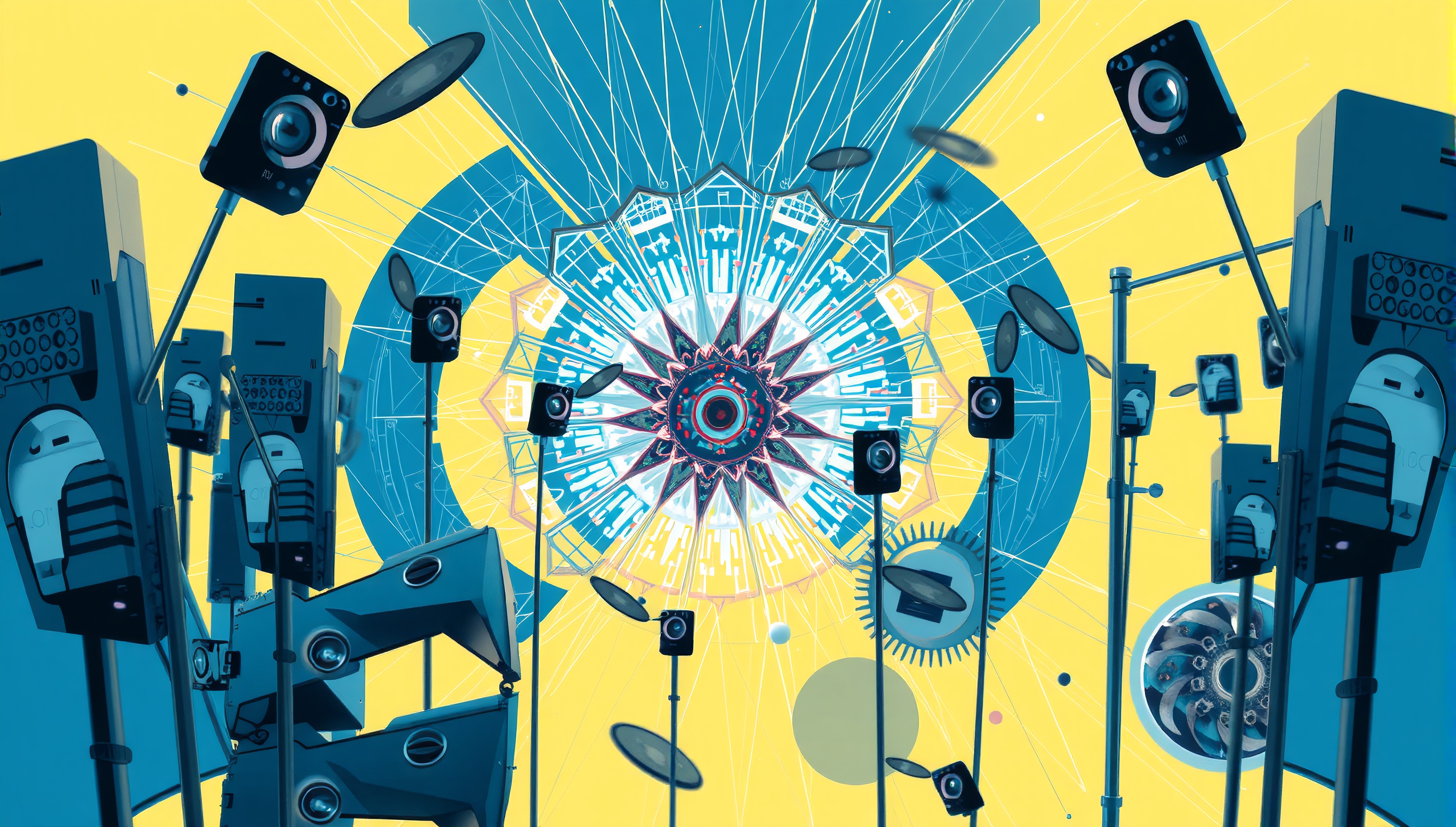 Futuristic abstract art with speakers and mandala design.