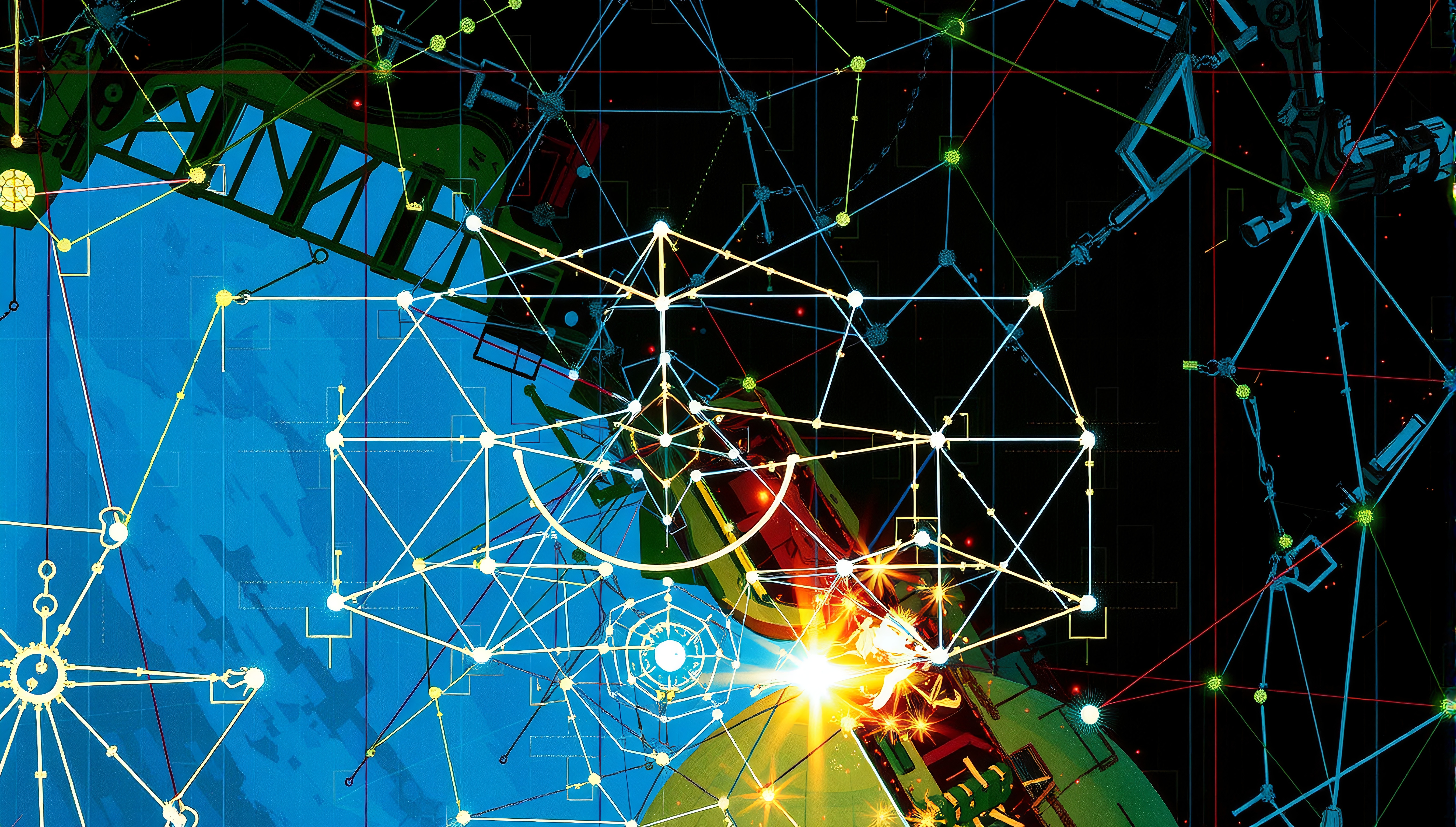 Abstract network of nodes and lines creating a futuristic design with bright light.