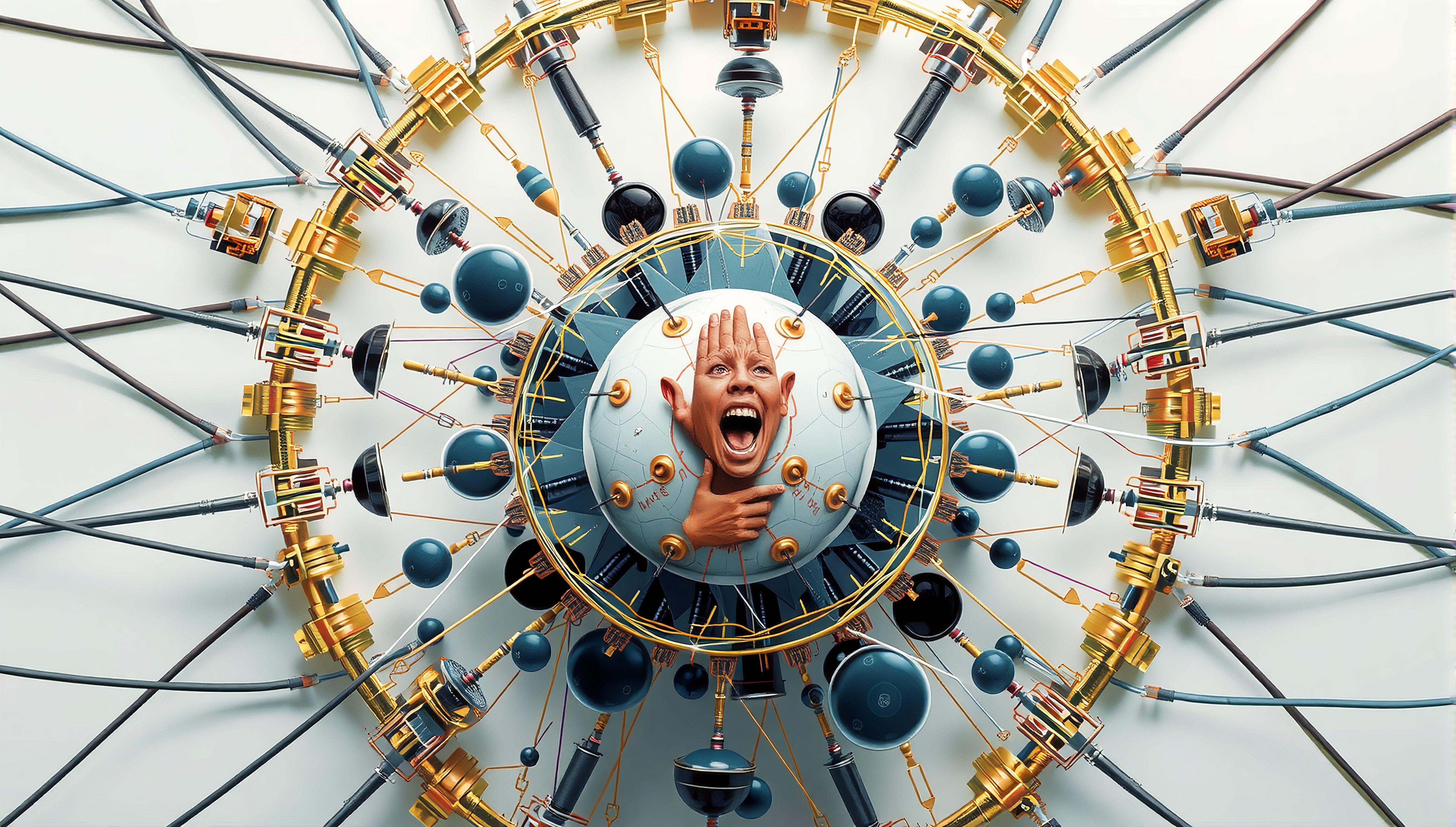 A surreal mechanical structure with a distressed human face at its center, surrounded by intricate gold and blue components.