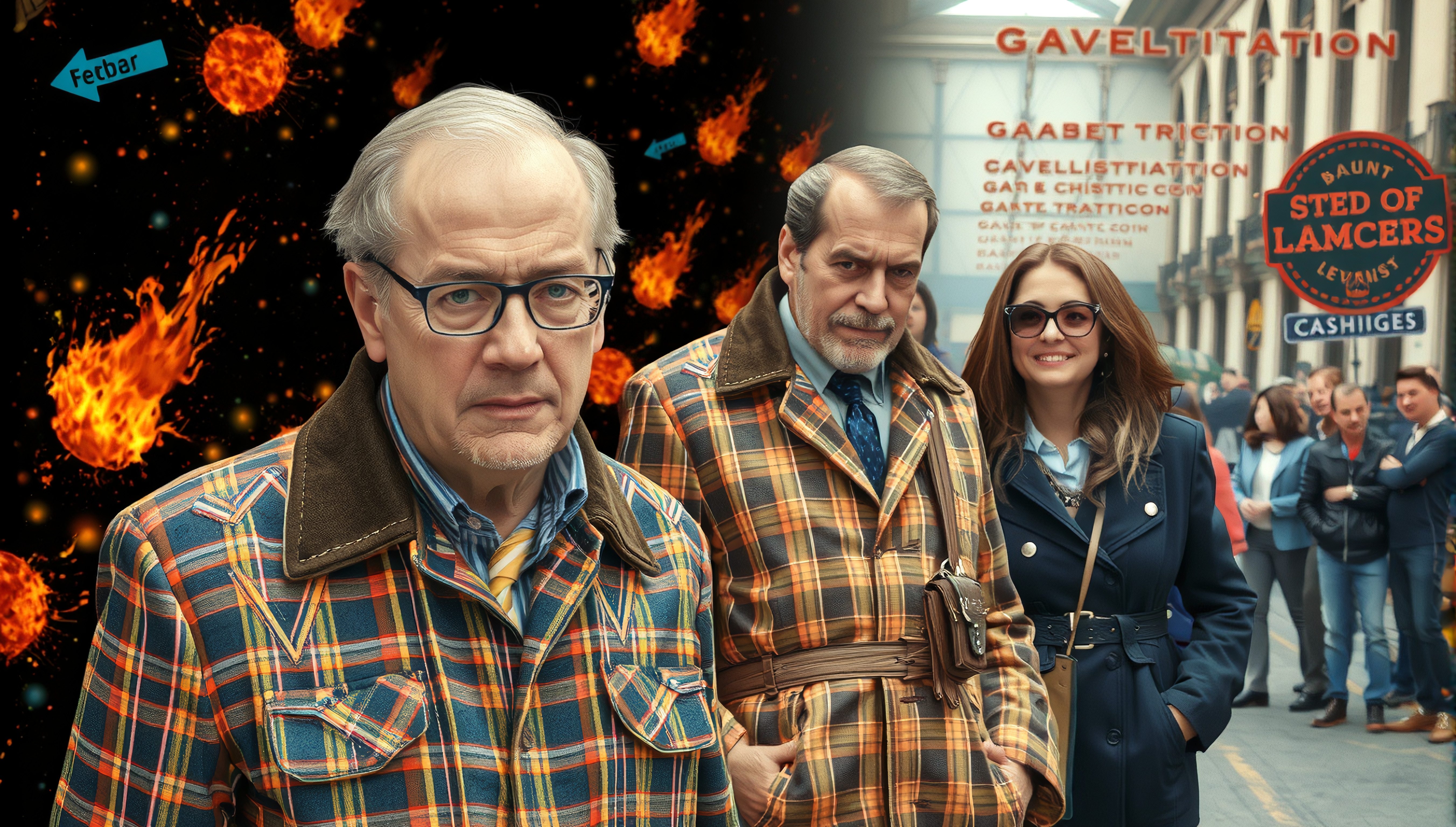 A group of people in plaid jackets stand in a surreal cityscape with meteors and creative typography around.