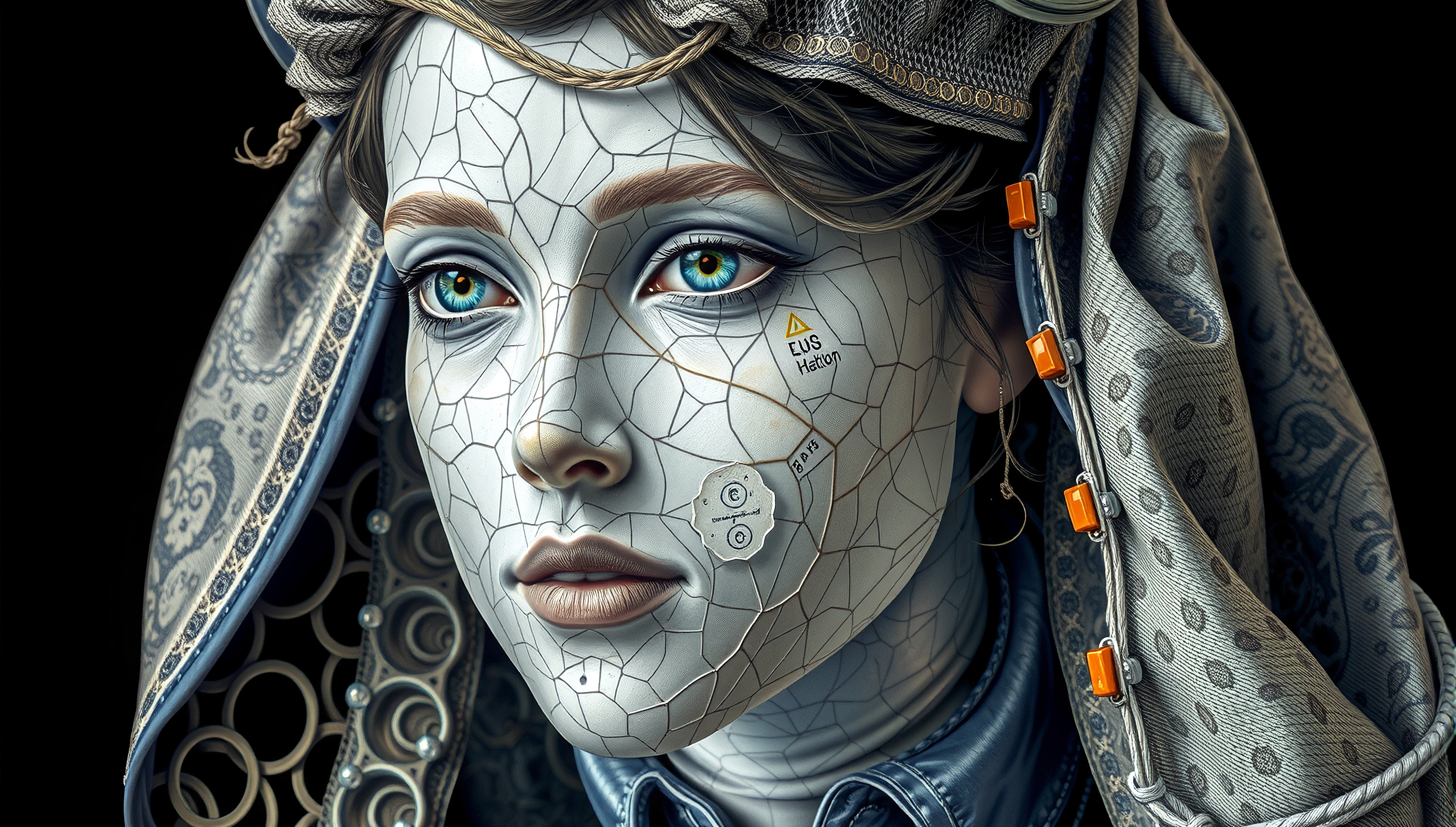 A futuristic robotic figure with intricate porcelain patterns and striking blue eyes, combining elements of classic artistry with mechanical sophistication.