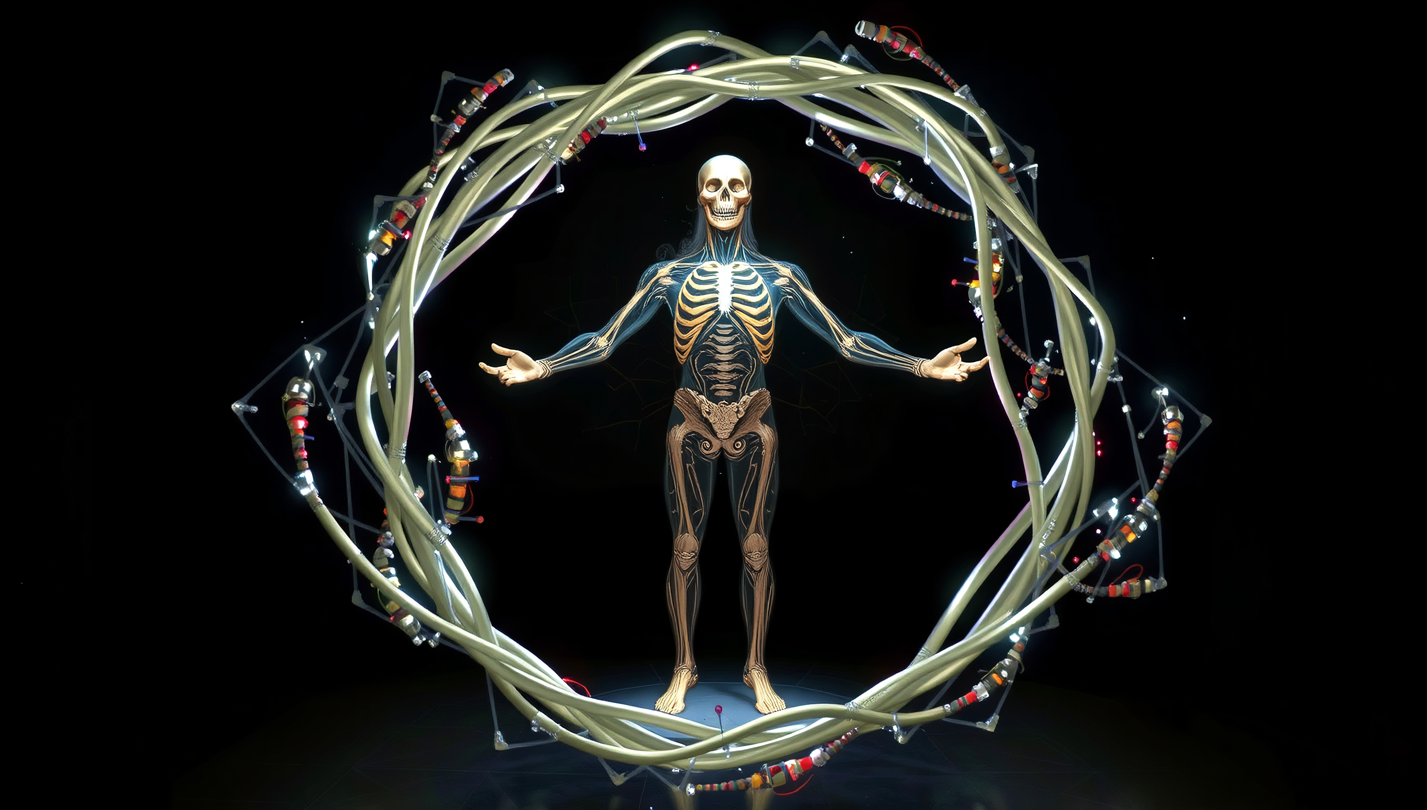 A futuristic human figure with a mechanical circular frame, highlighting evolution.