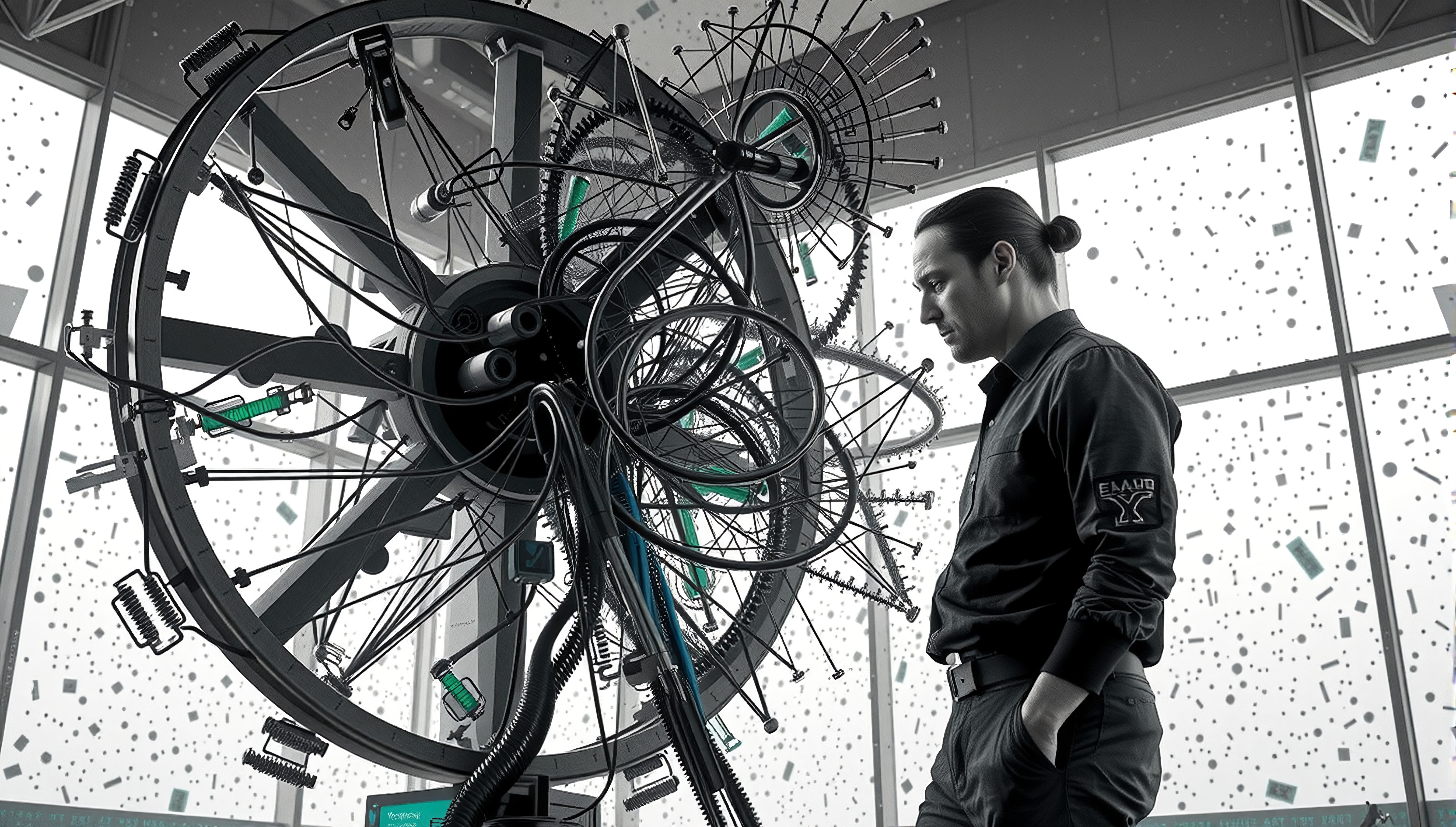 A man observes a complex futuristic machine surrounded by cables and gears in a bright, modern room.