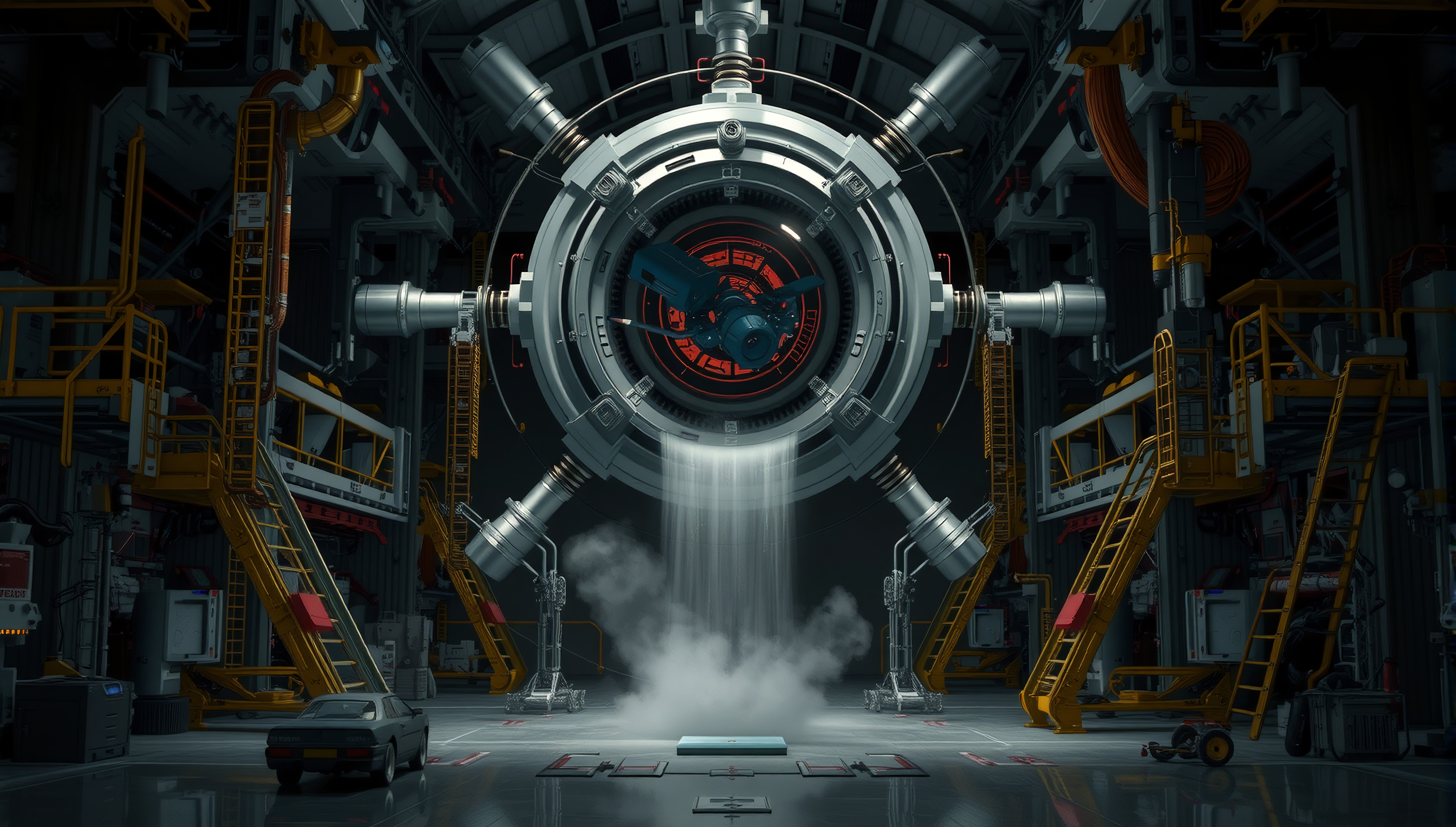 Futuristic industrial facility with a glowing central machine, highlighted by surrounding machinery and vapor.