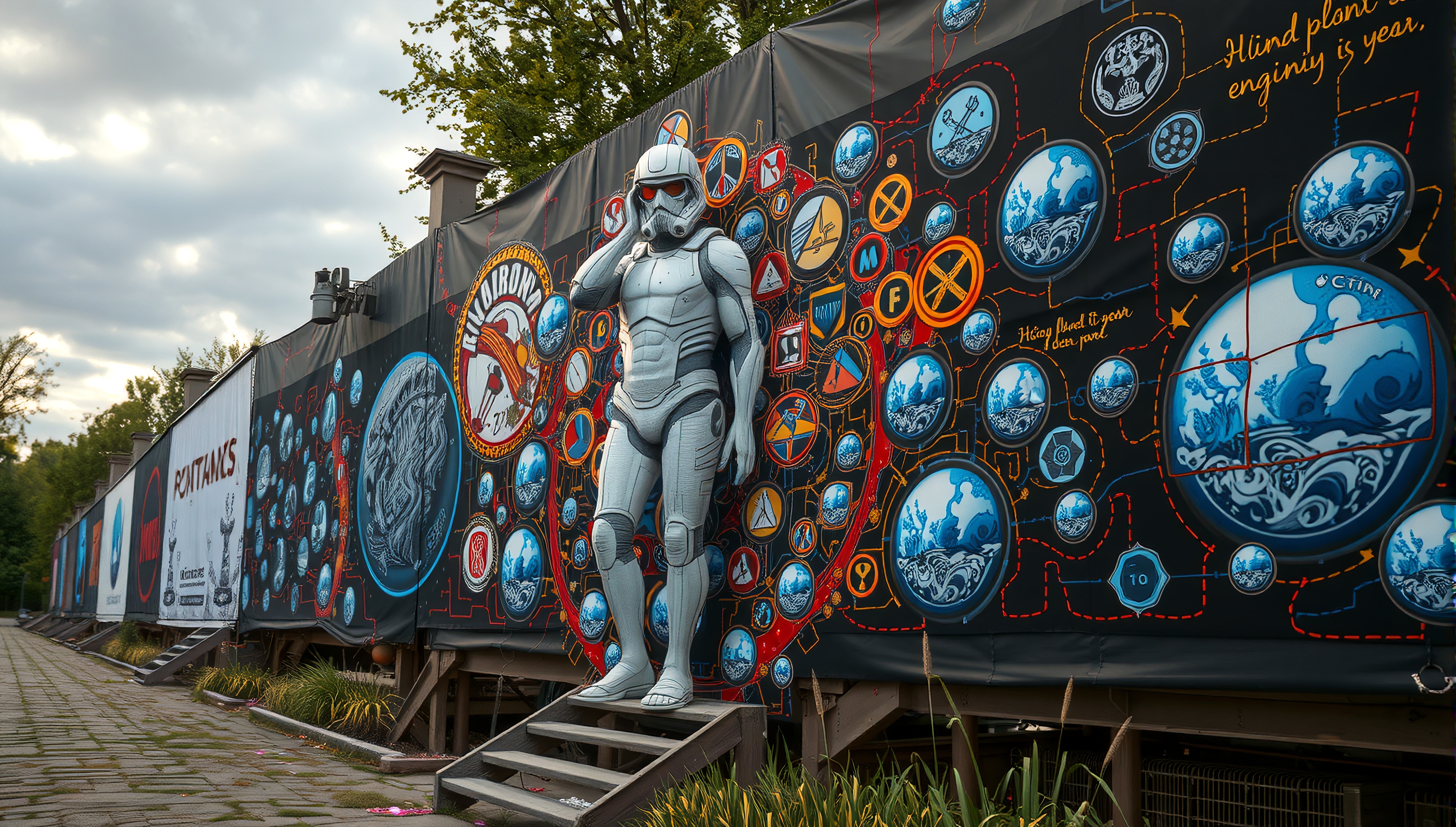 A futuristic robot stands before a colorful mural displaying symbols and networks.