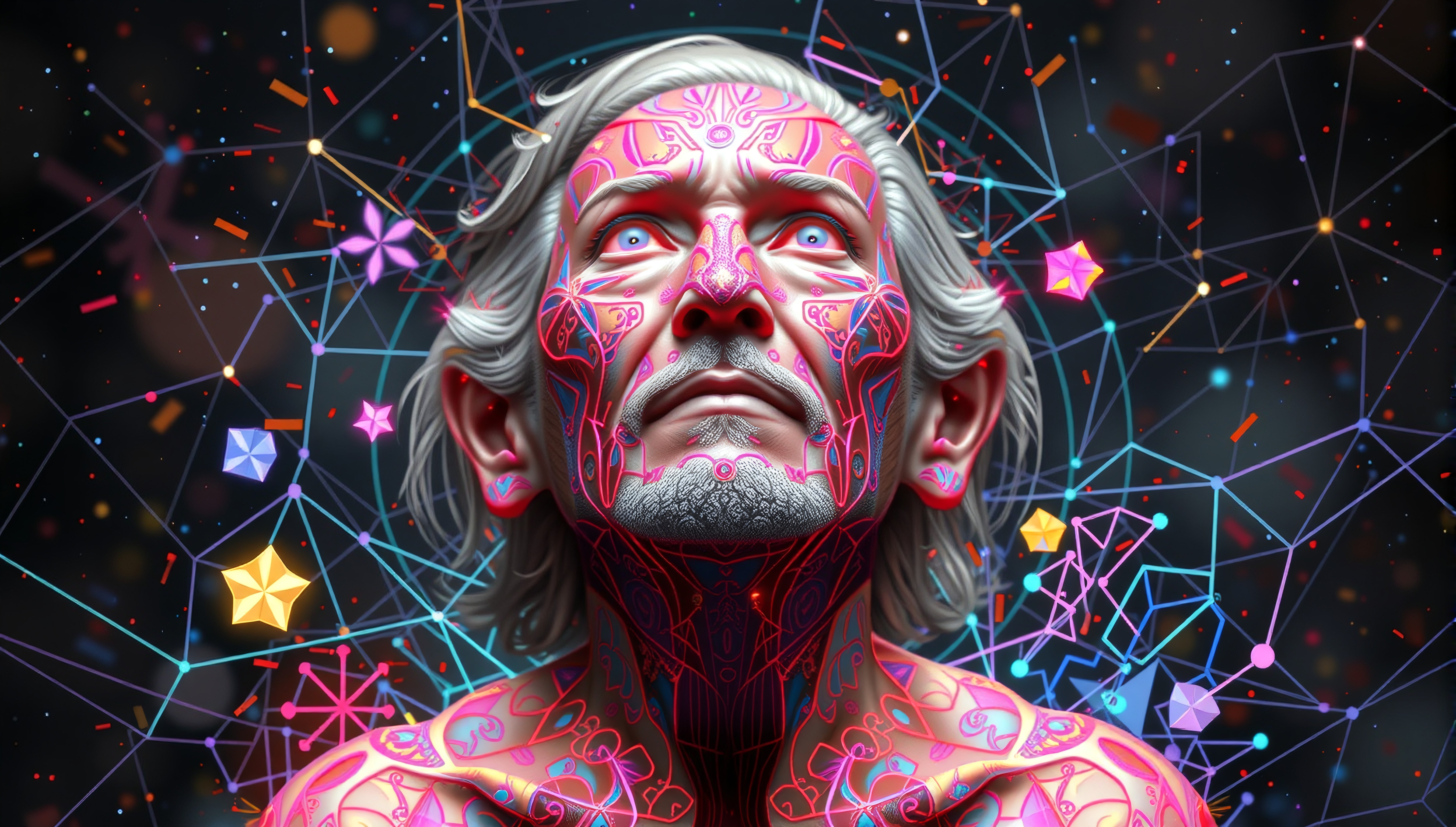 A person with neon patterns on their face, set against a cosmic network background.