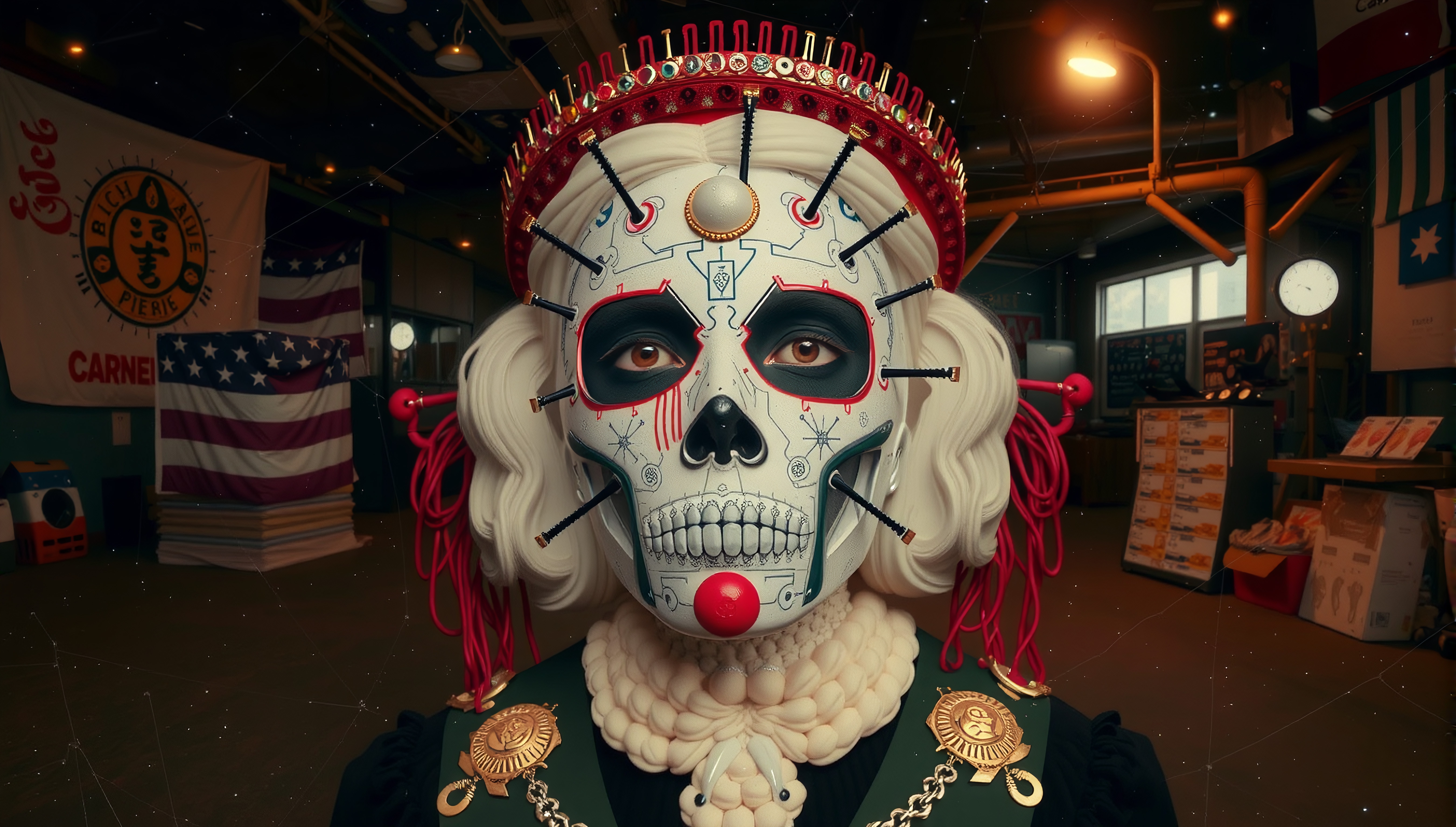 A mysterious figure with skull face paint and a red crown in a dimly lit room with flags and industrial objects in the background.