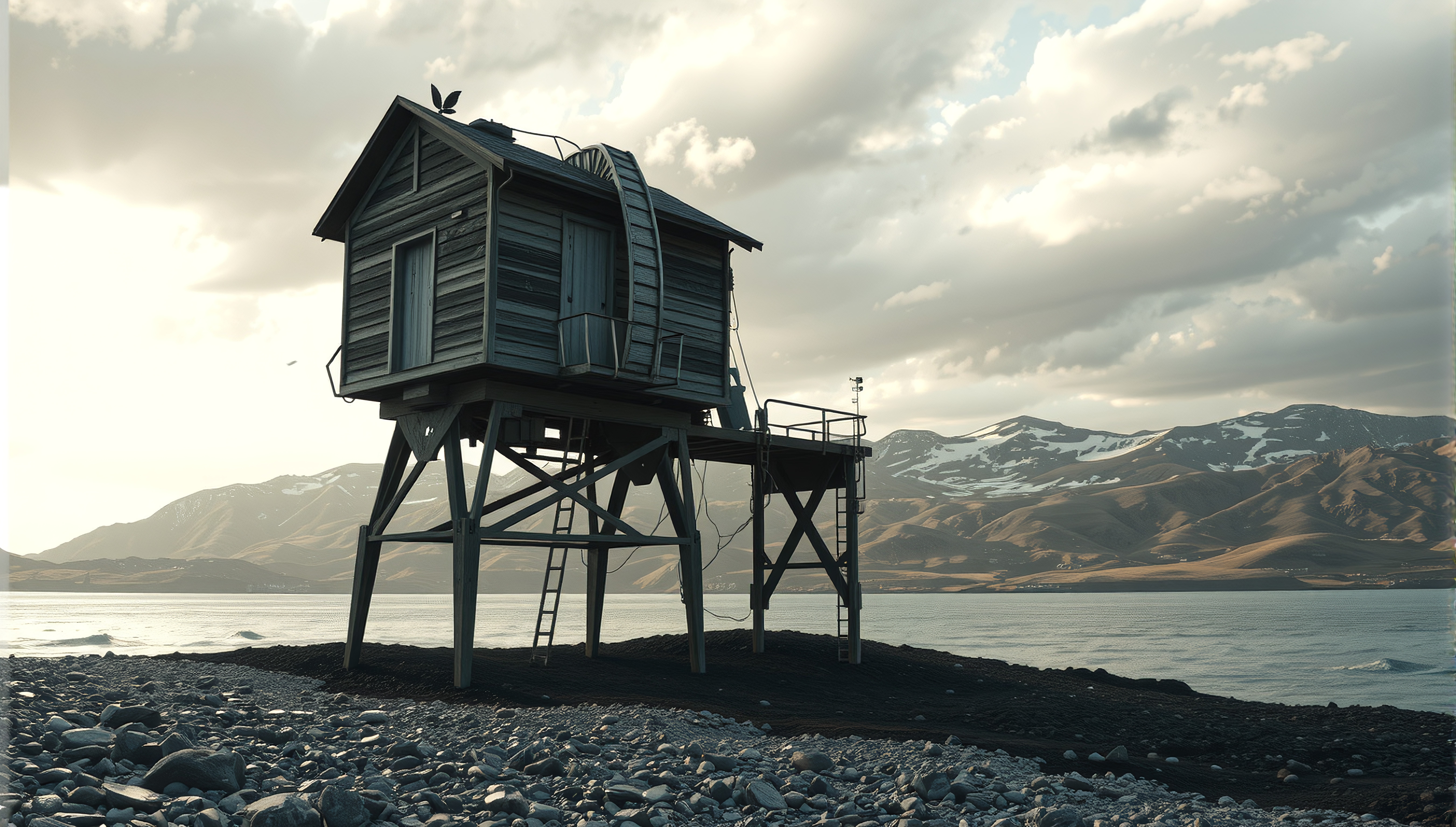 A rustic wooden house stands on stilts by a rocky beach, set against a scenic mountain backdrop.