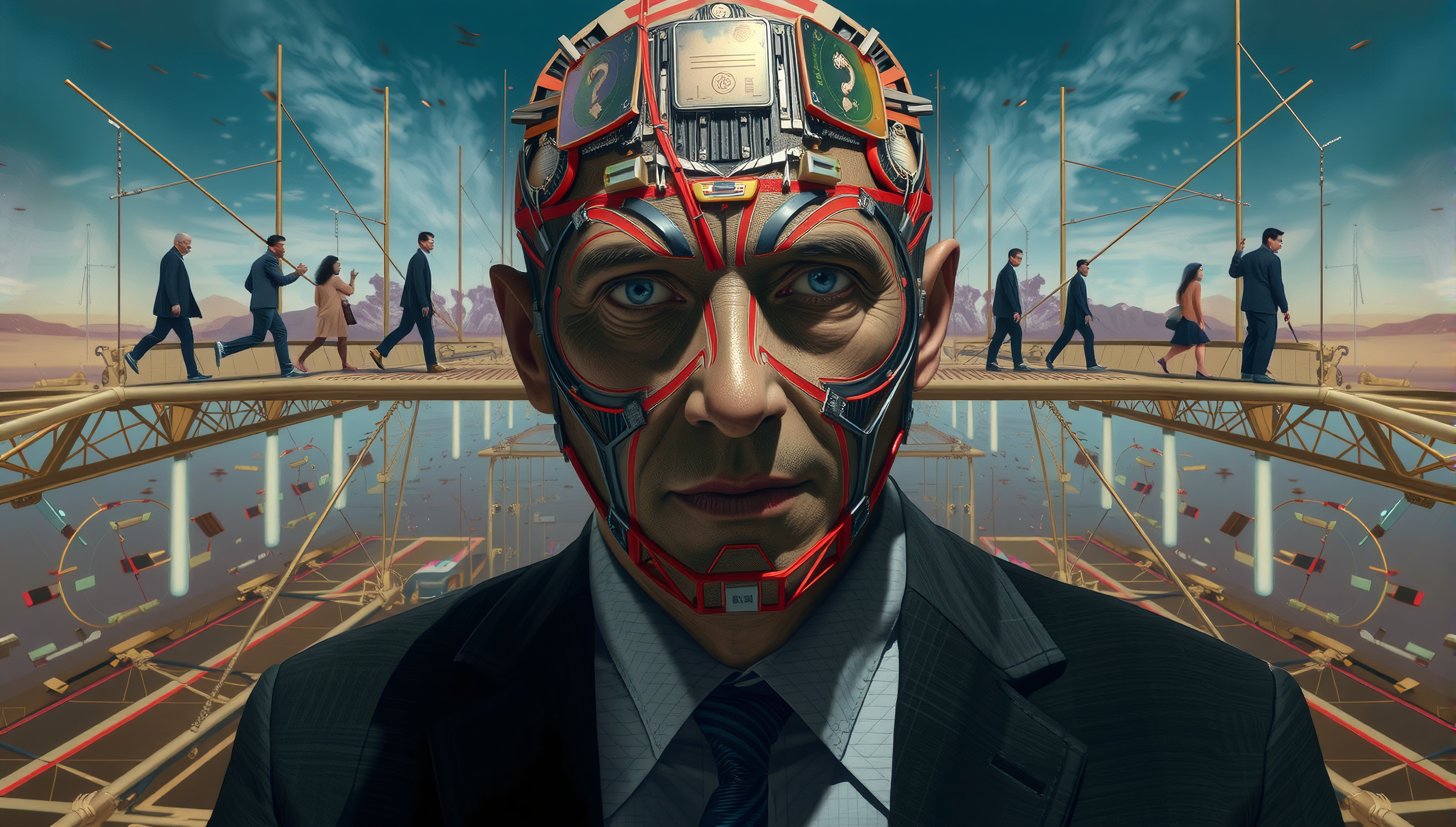 Conceptual Portrait of a Businessman with an Analytical Gear-Hea