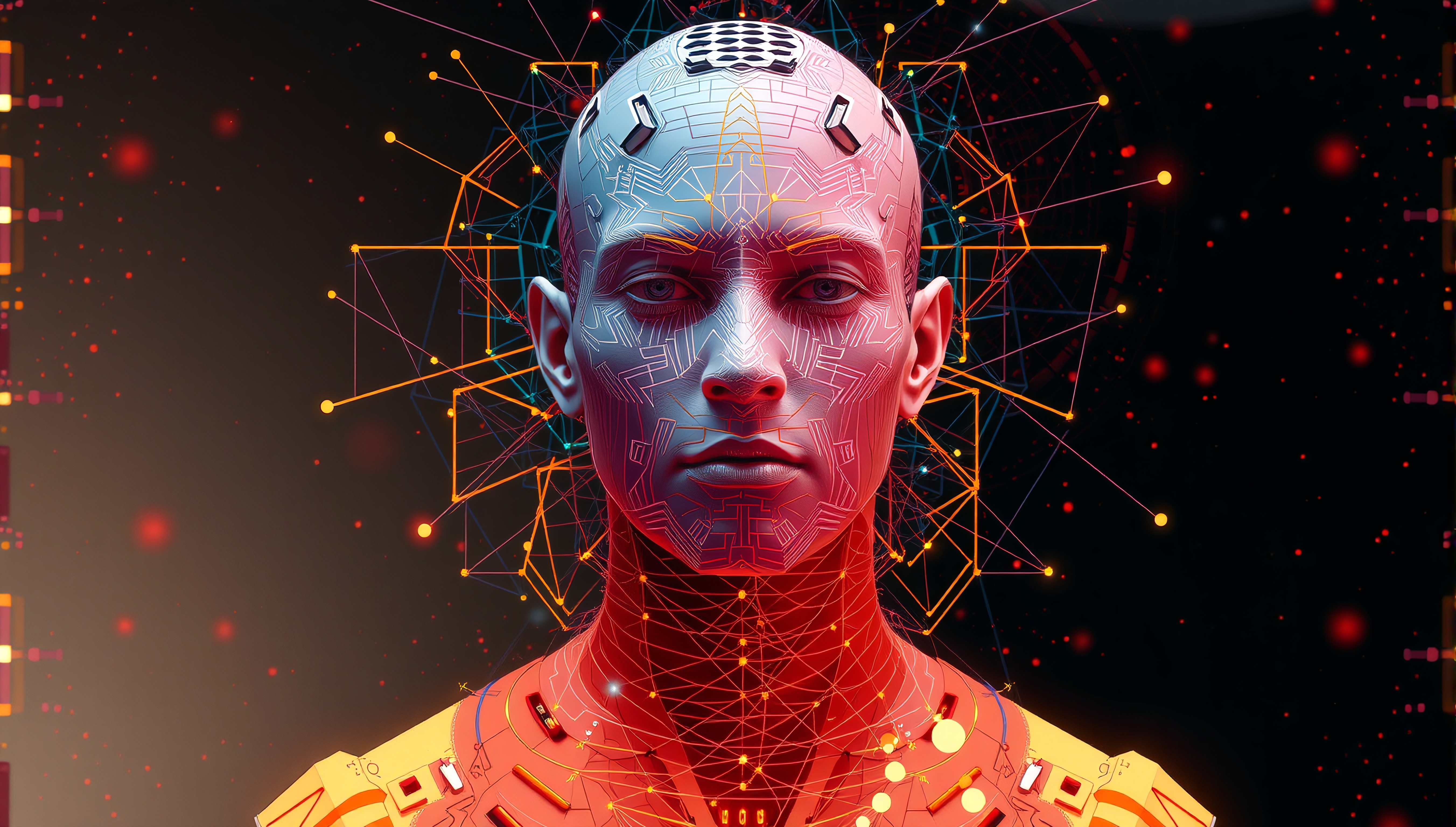A futuristic humanoid with geometric patterns and a glowing network backdrop.