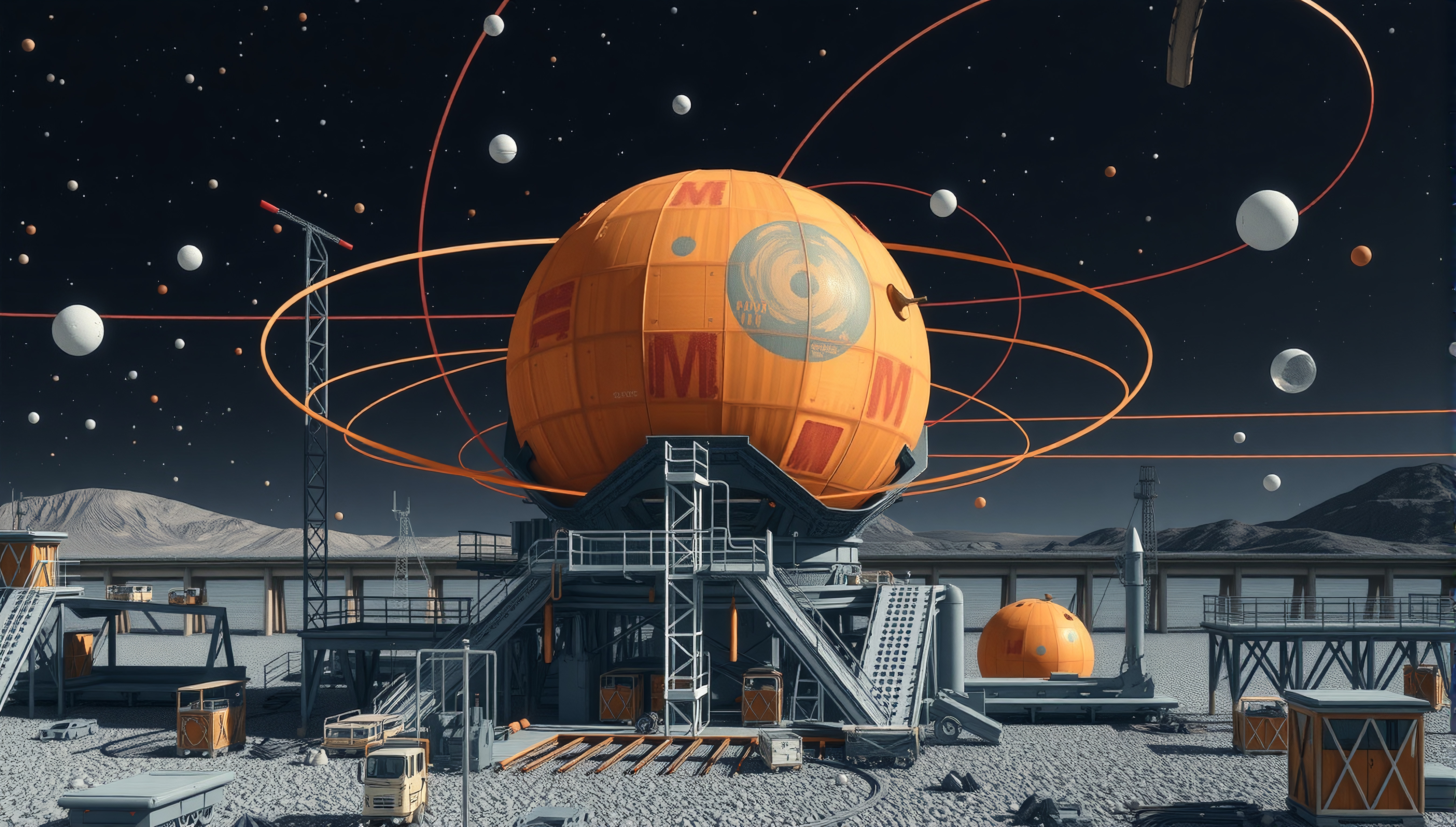 Futuristic space scene with celestial bodies.