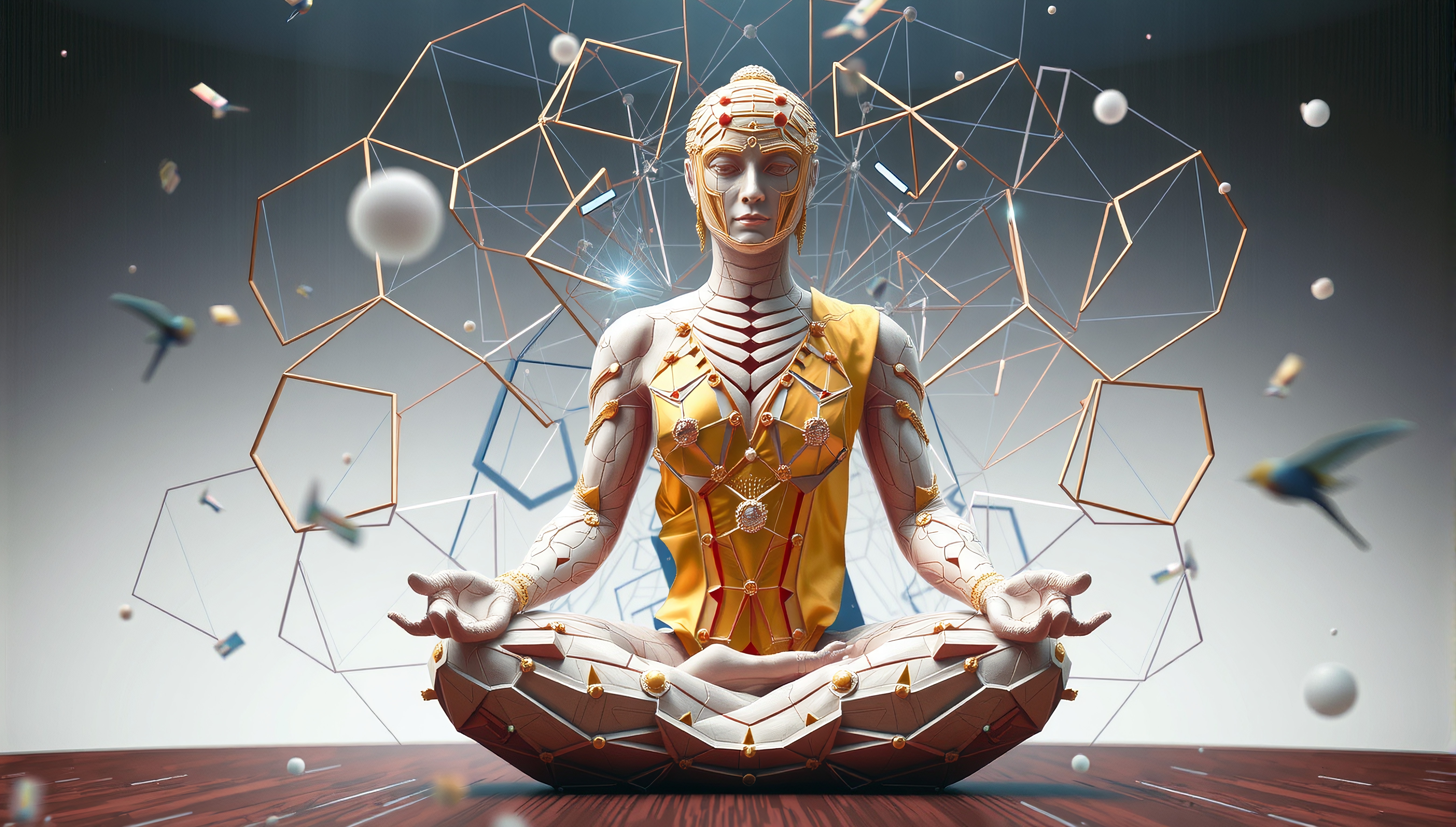 A futuristic humanoid meditates surrounded by geometric patterns and ethereal elements.