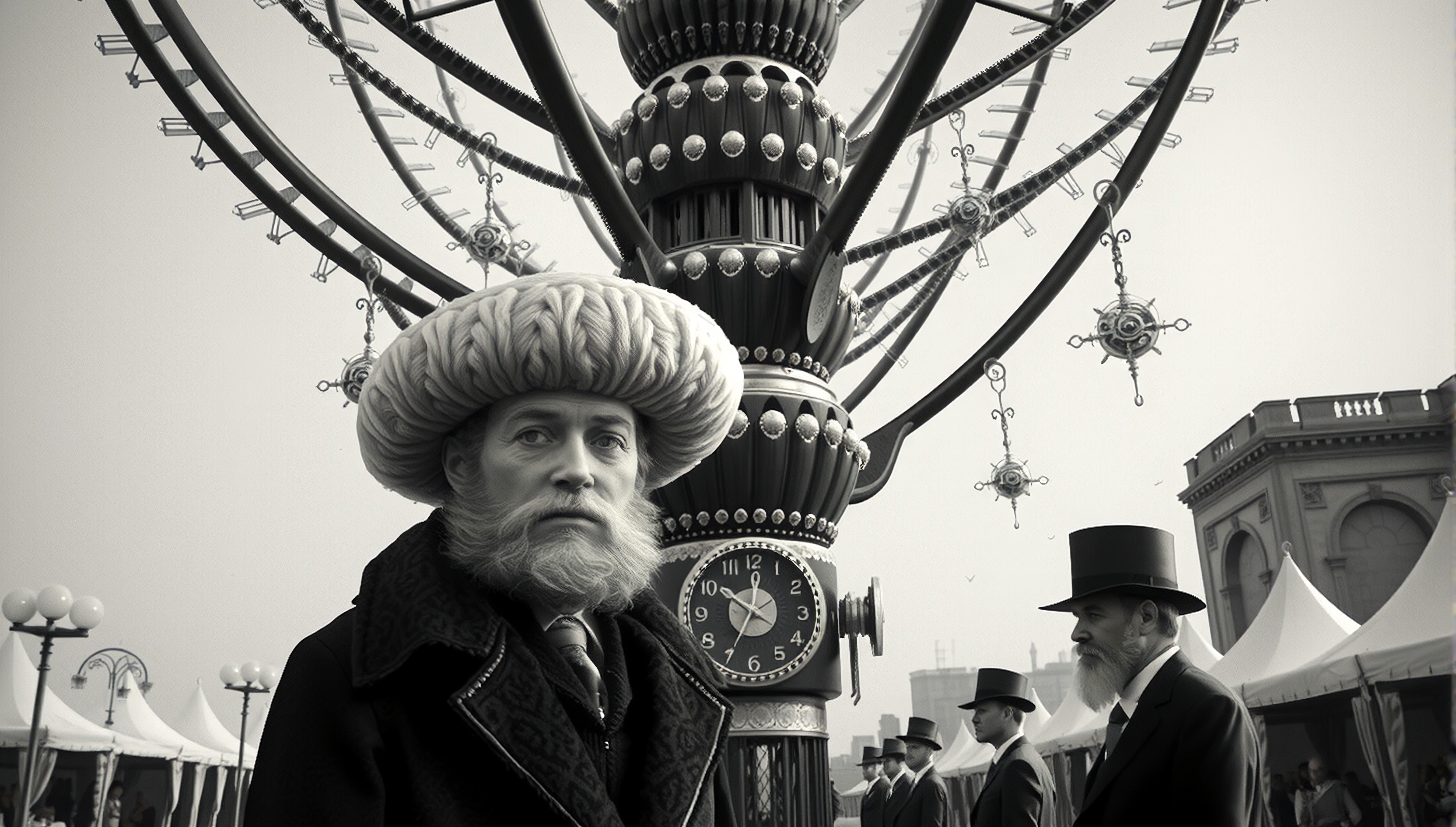 A bearded man with a turban stands before an intricate clock in a historical, social setting.