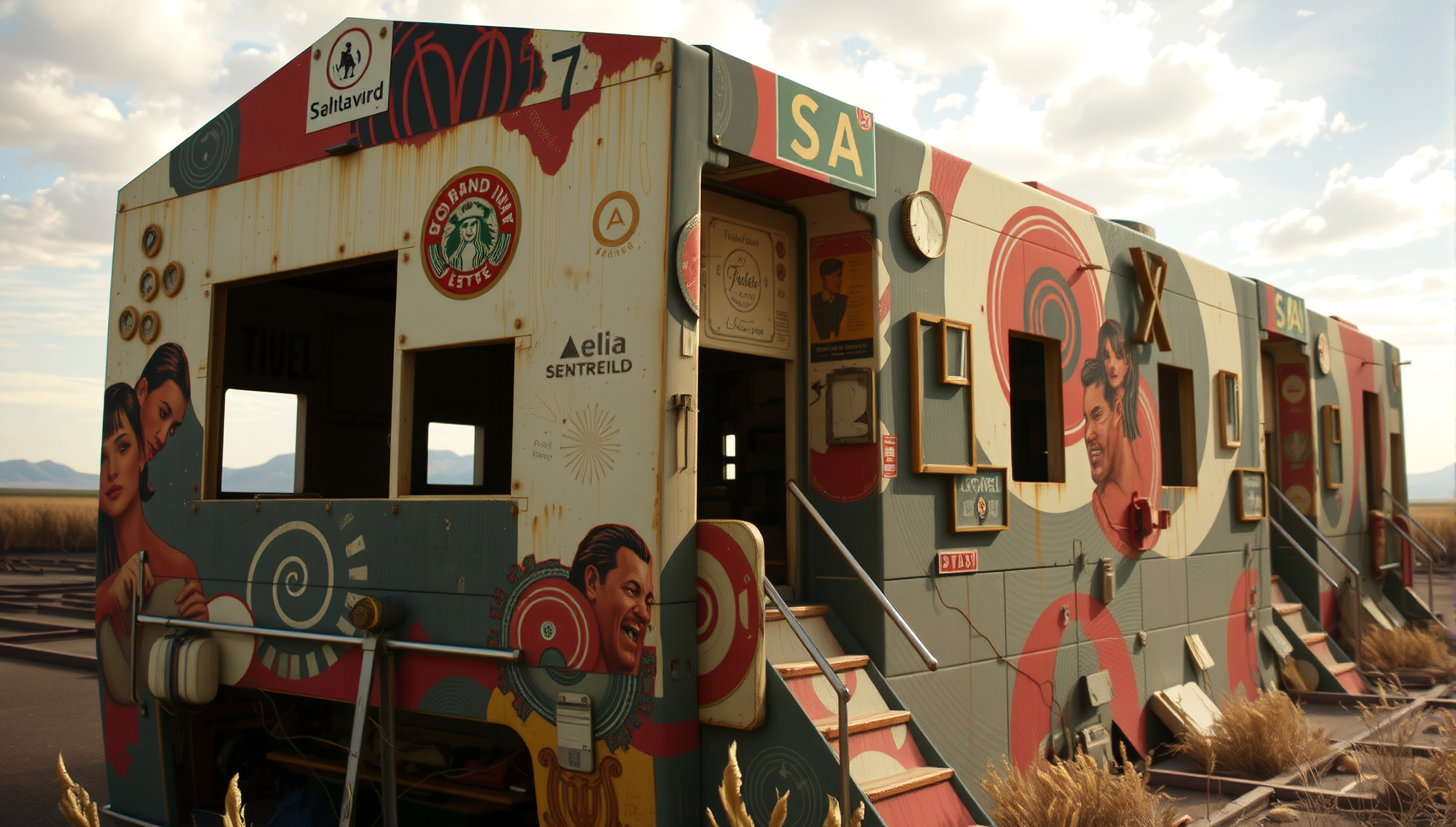 A vintage train car with retro murals sits on an abandoned track under a partly cloudy sky, surrounded by dry grass.