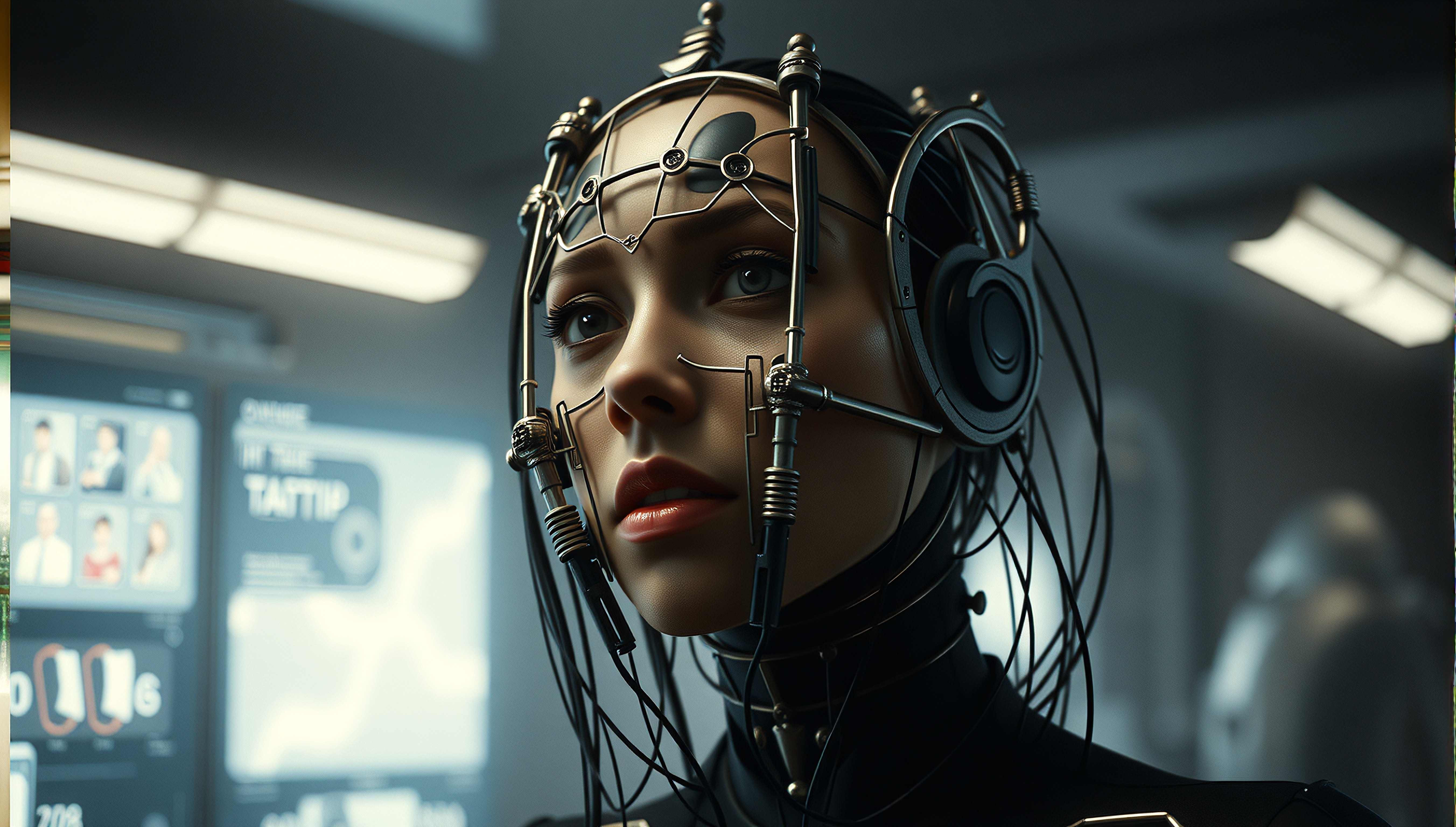 Futuristic woman with cybernetic headgear in high-tech setting.
