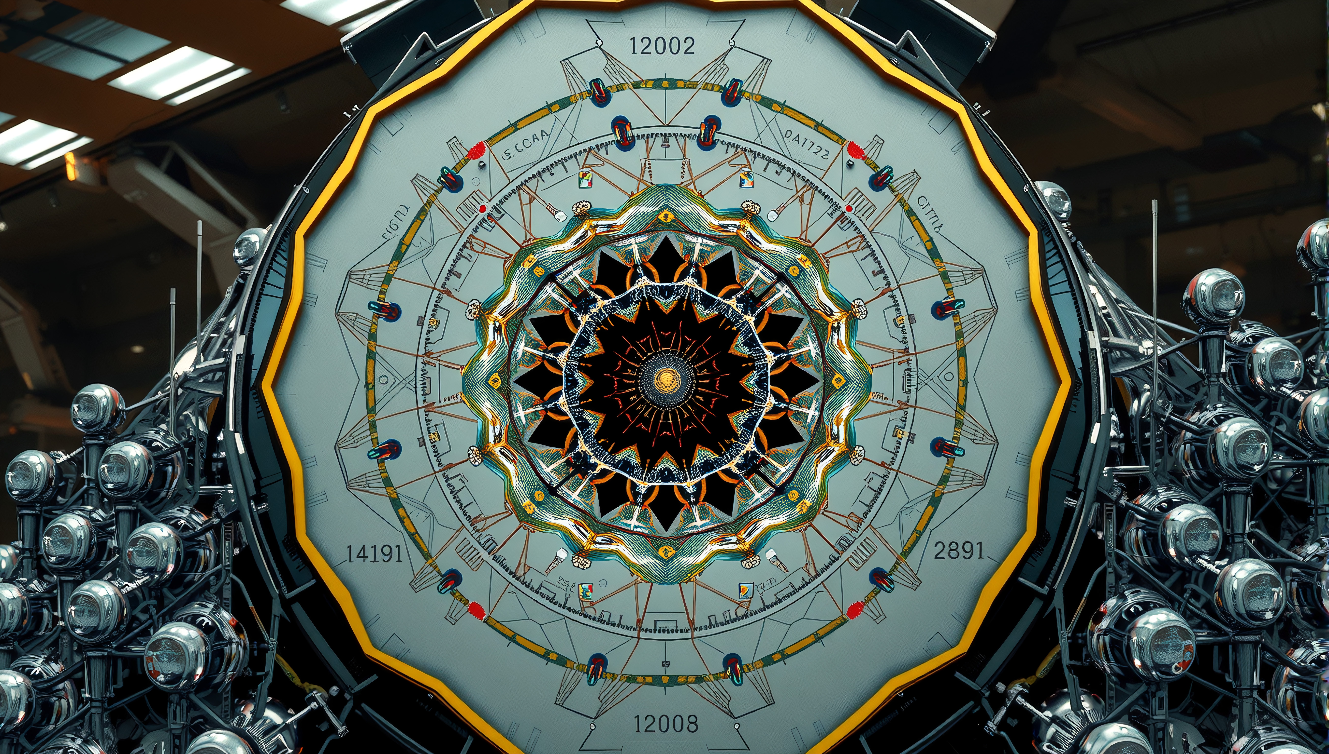 Intricate futuristic mandala with mechanical design elements.