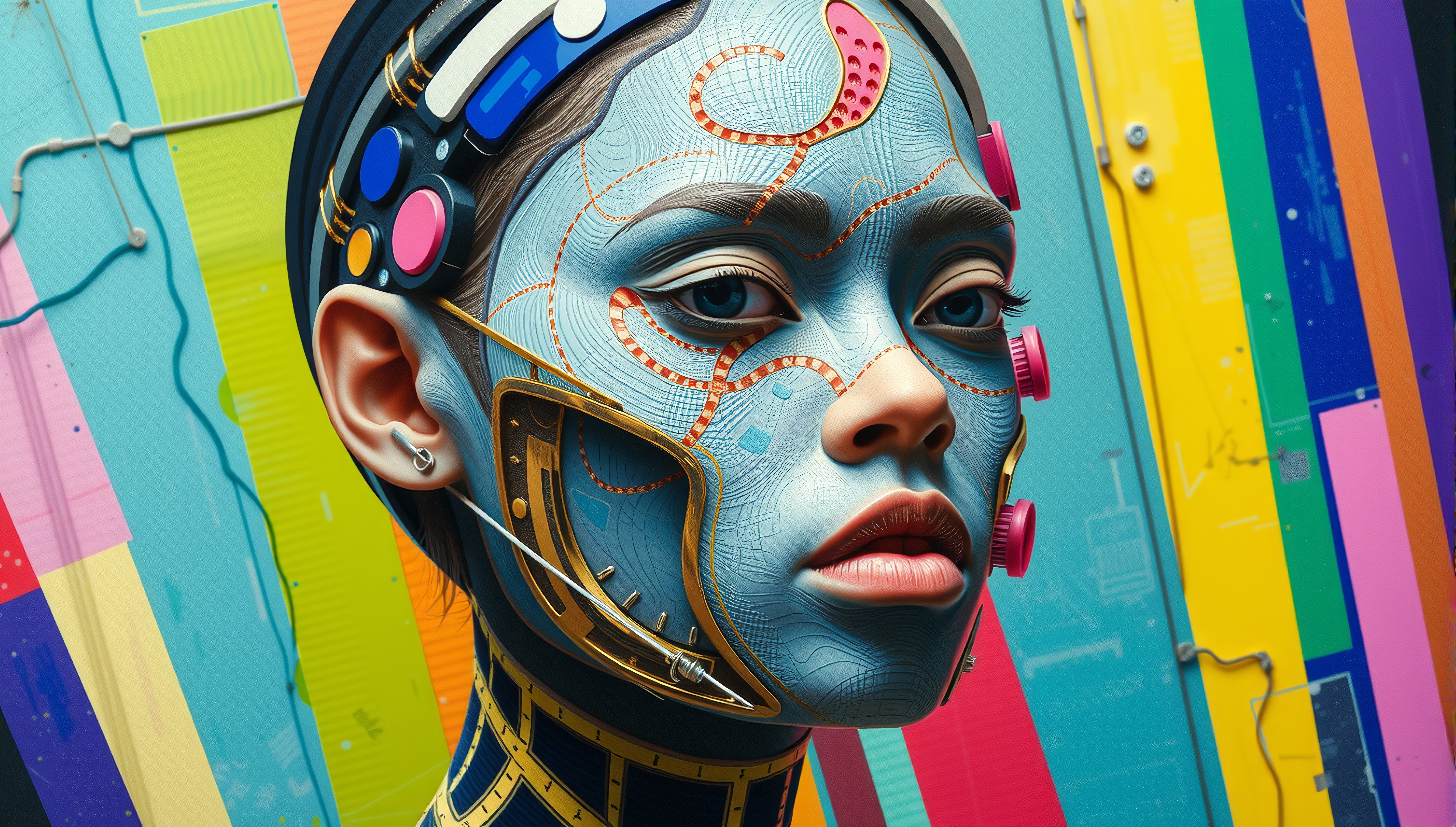 A futuristic cybernetic female portrait featuring blue skin and colorful mechanical enhancements.
