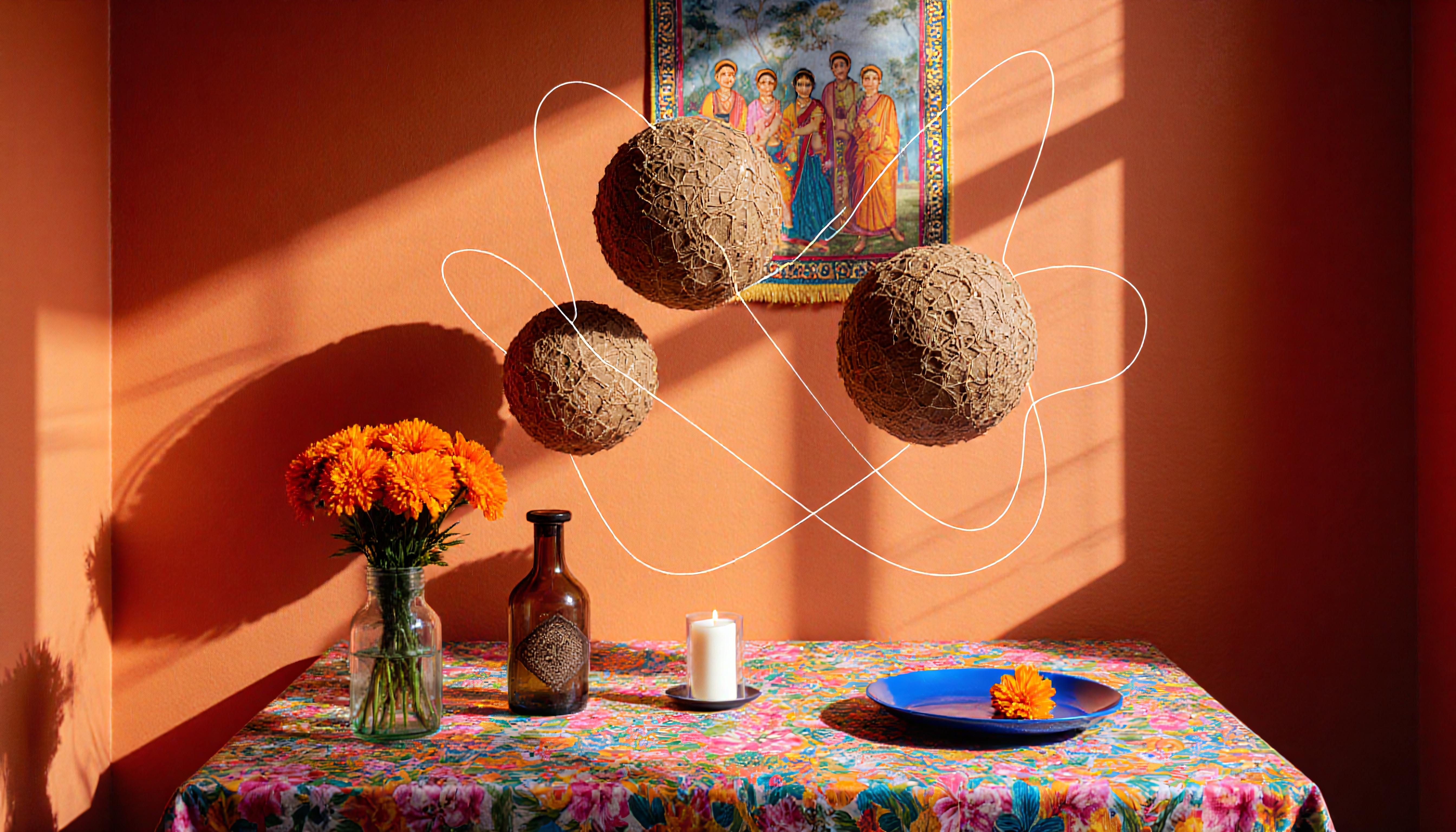 A vibrant room with art, flowers, and floating spheres above a colorful table.